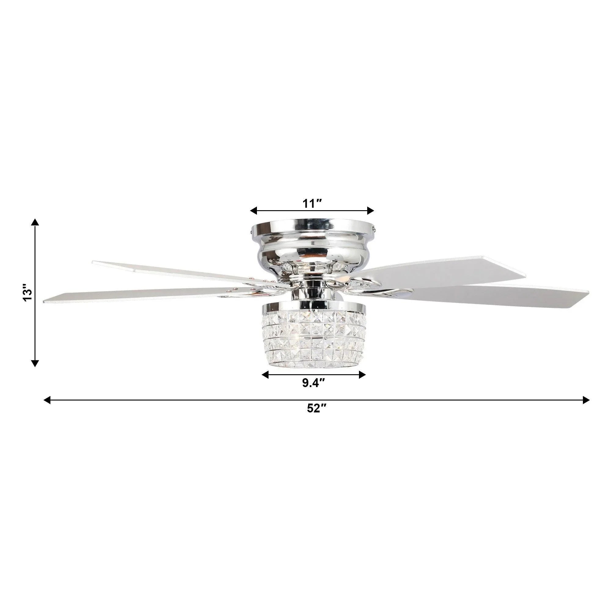 Flush-mount ceiling fan with chrome housing, crystal light shade, and five blades