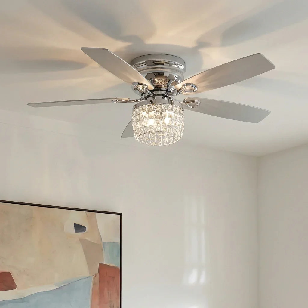 Parrot Uncle 52-Inch Panipat Modern Chrome Flush Mount Reversible Crystal Ceiling Fan with Lighting and Remote Control (F6328Q110V)