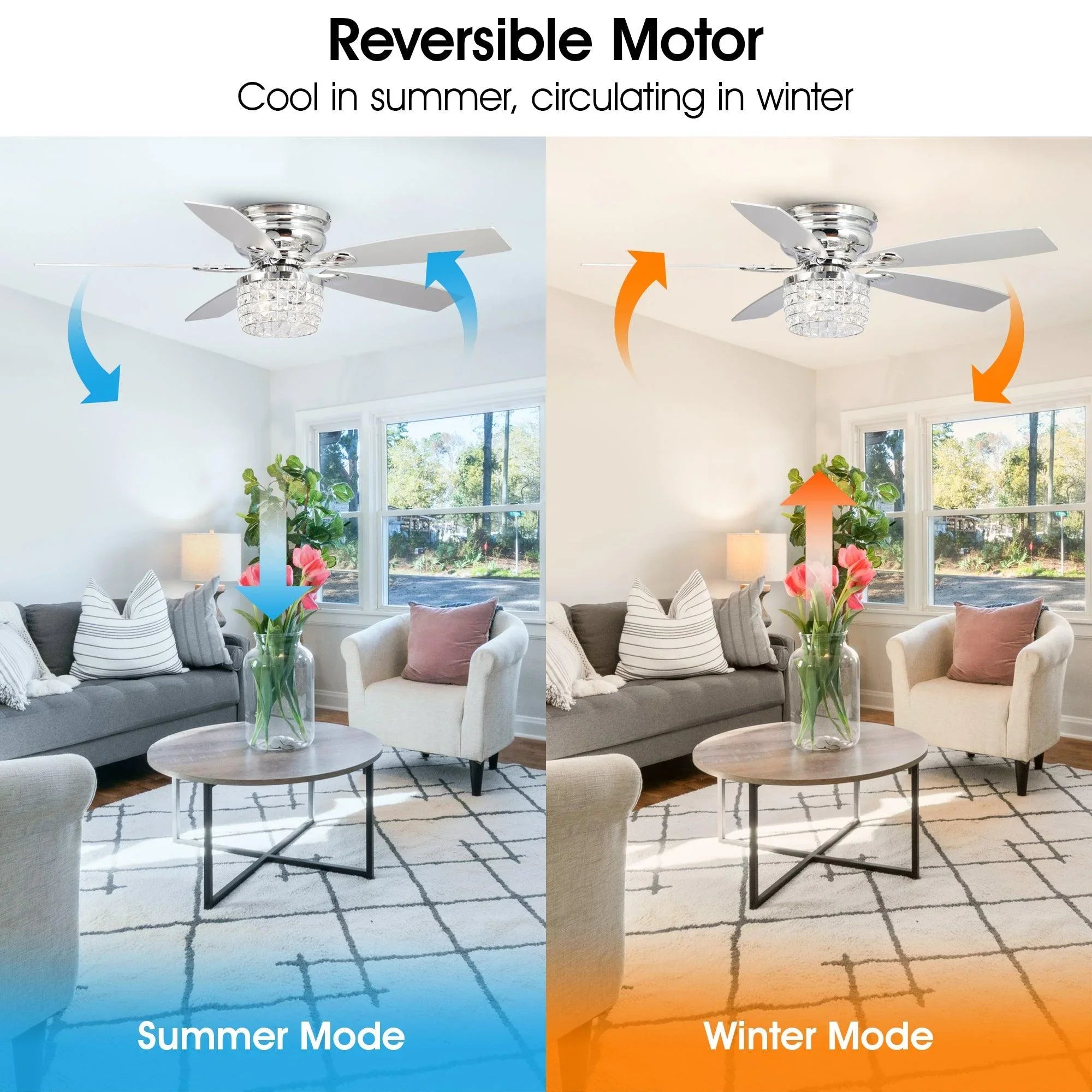 Chrome ceiling fan with crystal light shade and white reversible blades
