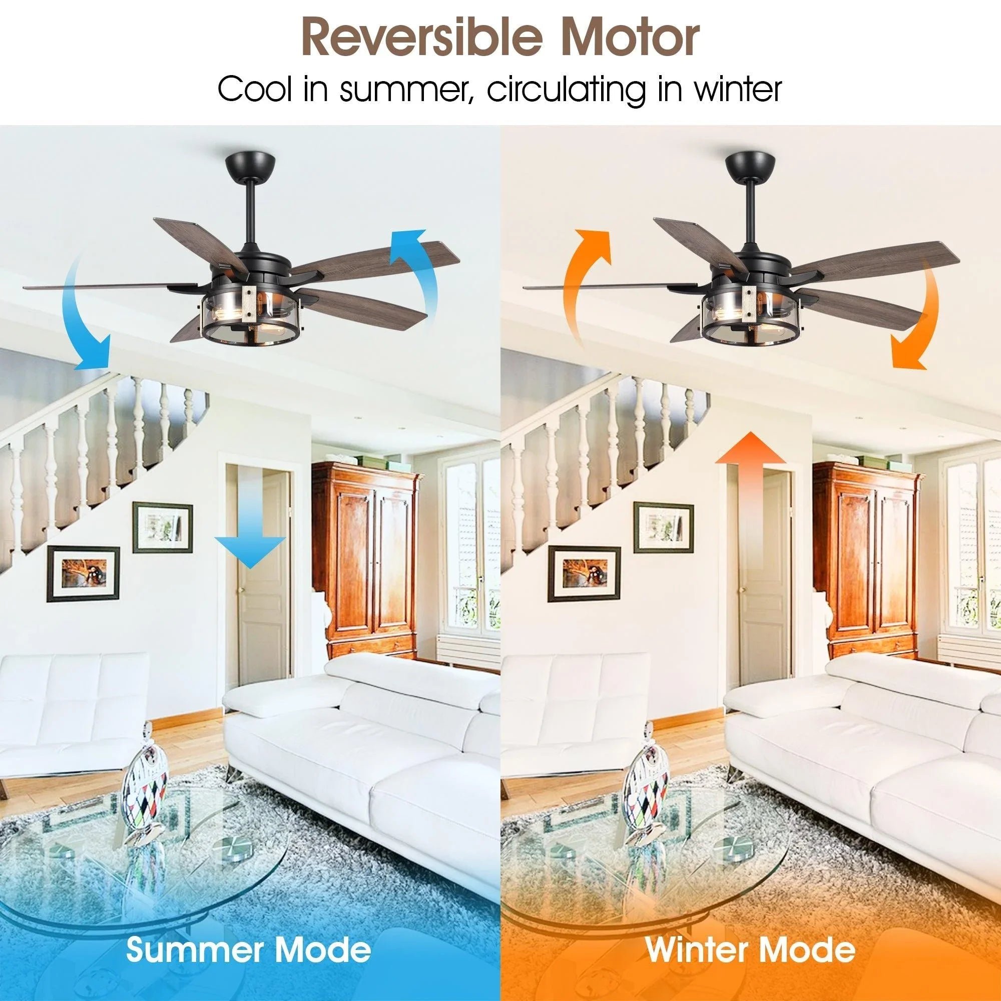 Reversible black ceiling fan with light, illustrating summer and winter airflow directions