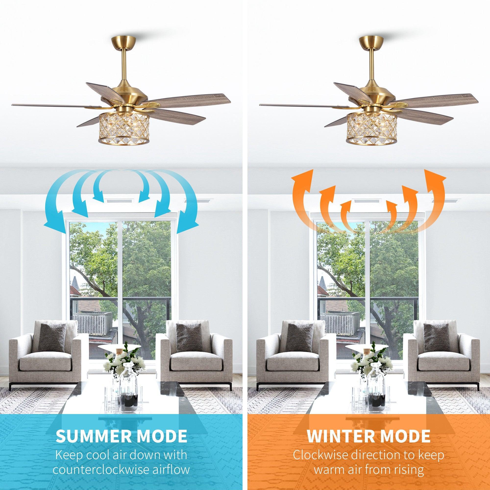 Golden ceiling fan with crystal light fixture and reversible dark wood blades