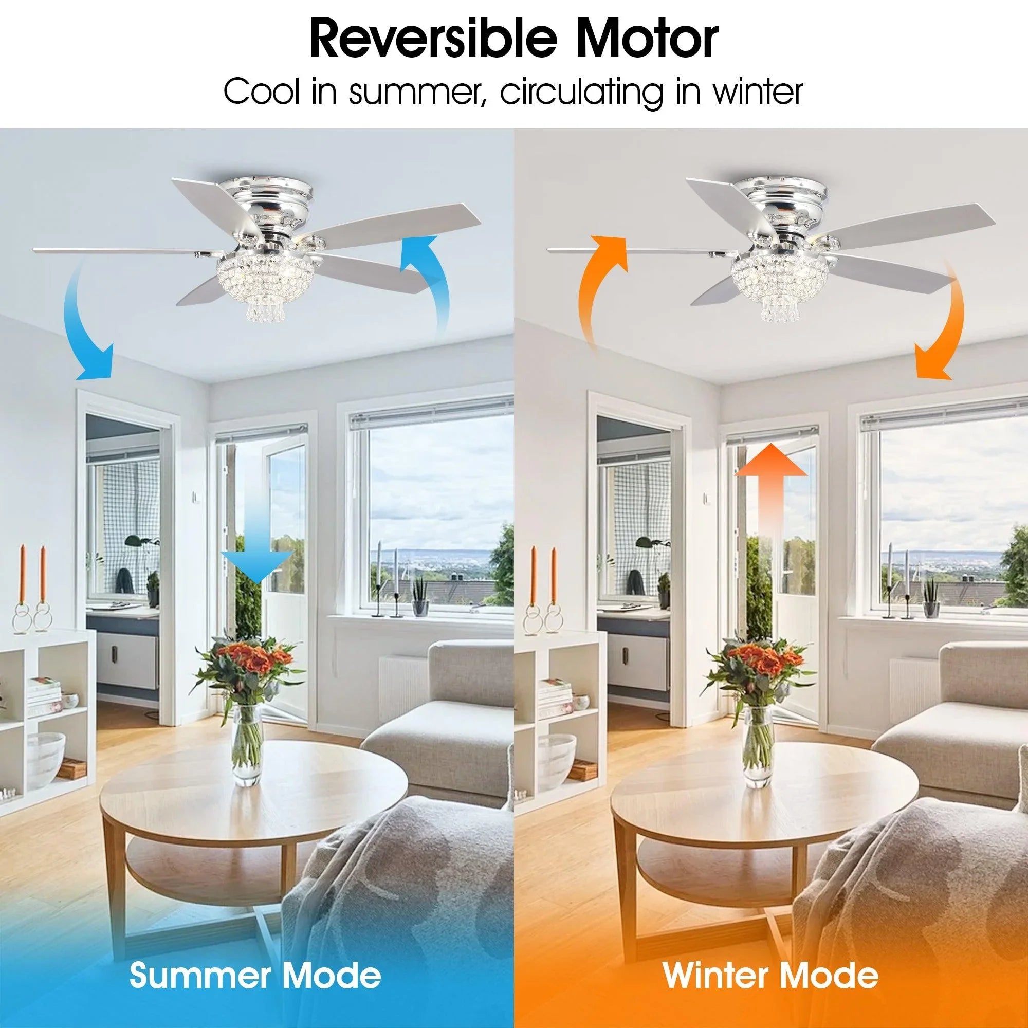 Reversible chrome flush mount ceiling fan with crystal light and four blades