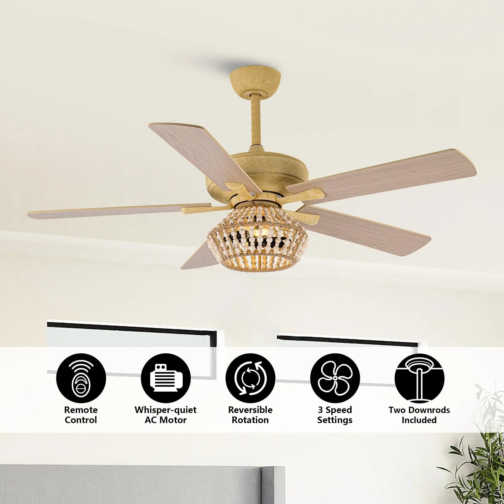 Golden ceiling fan with beaded light globe and 5 reversible wood blades