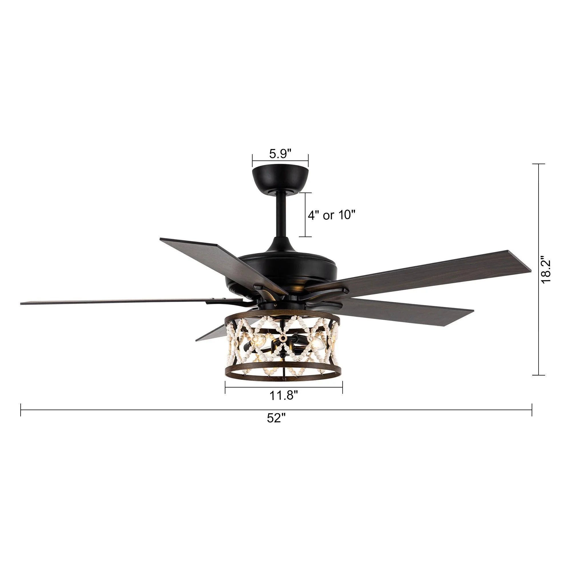 Black ceiling fan with wood-toned blades and frosted glass light globe (measured view)