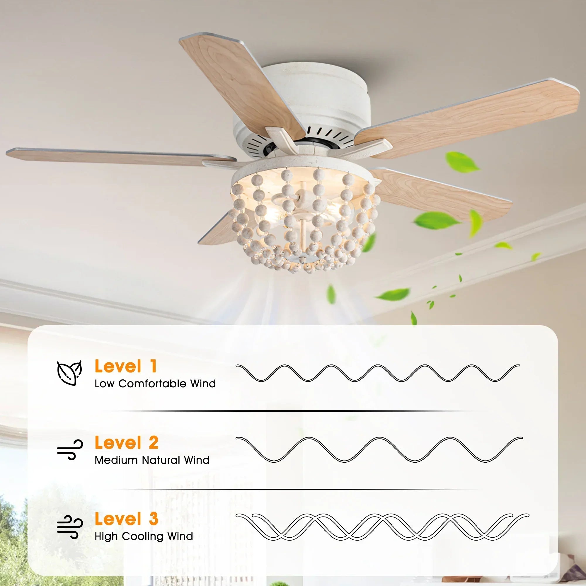 Ceiling flush mount fan with beaded light globe and light wood blades
