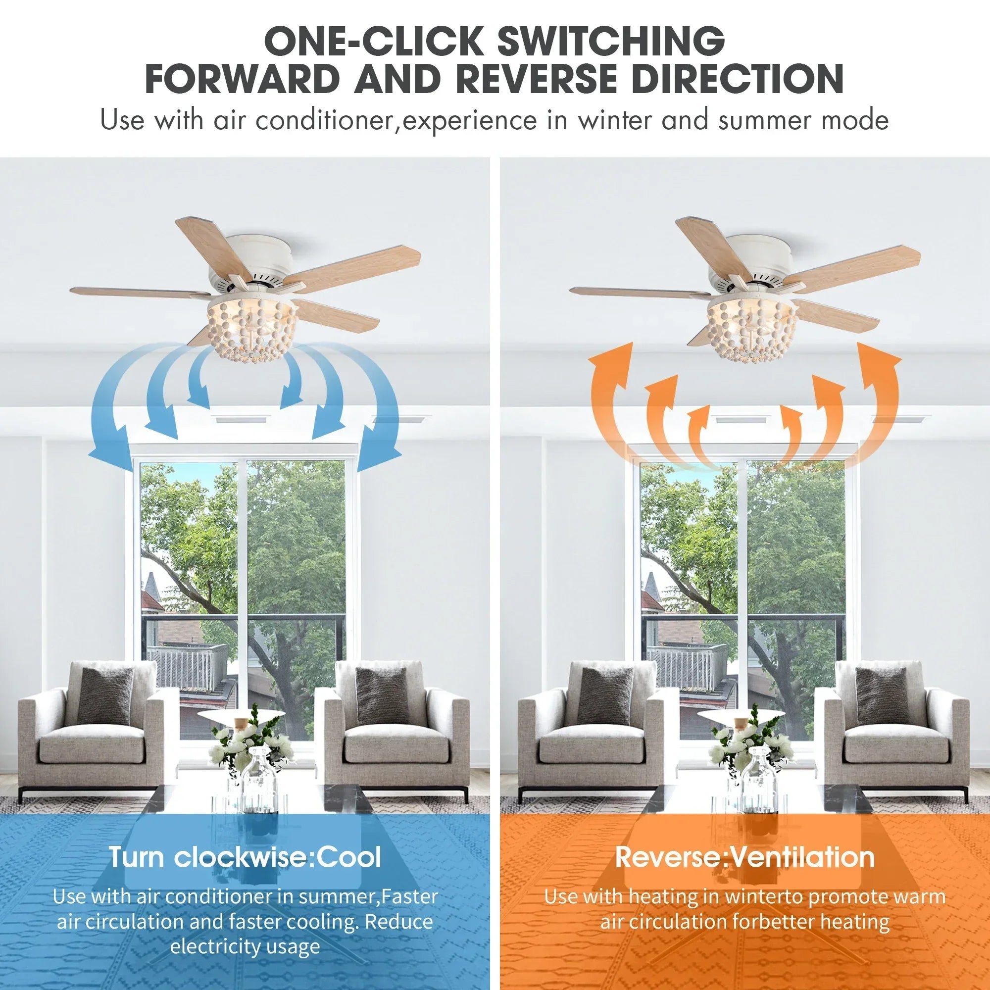 Flush mount ceiling fan with beaded light globe and light wood blades, reversible airflow
