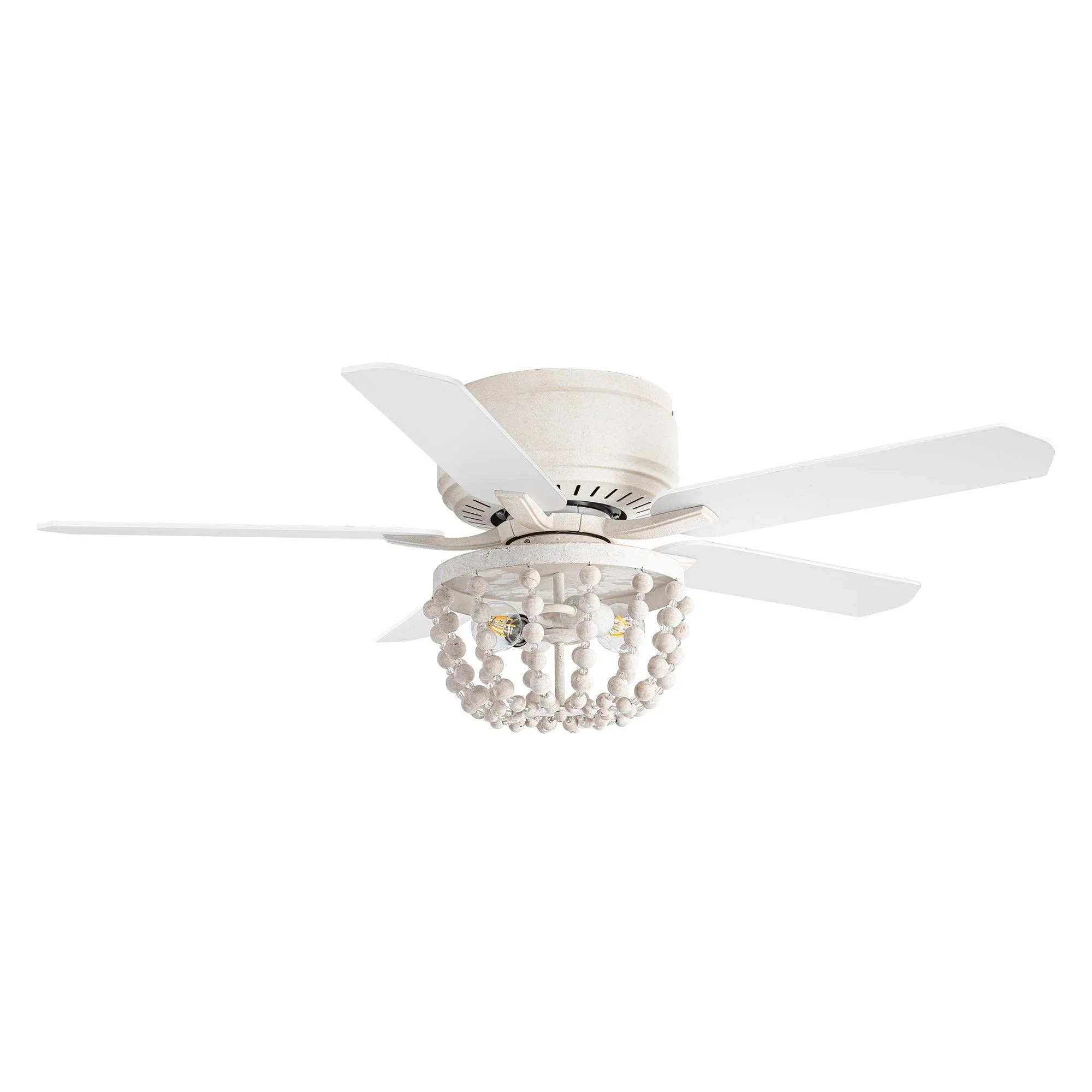 Flush mount ceiling fan with white finish, wood reversible blades, and bead glass light