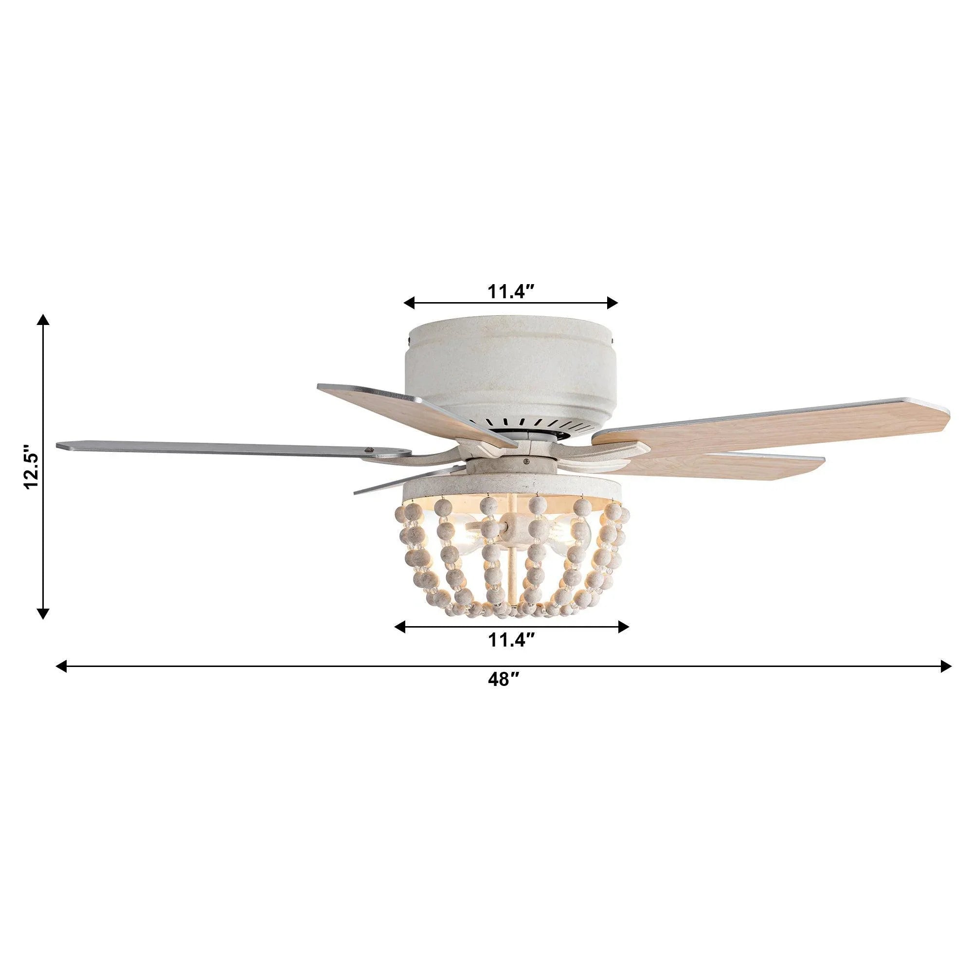 Flush mount ceiling fan with beaded light globe and light wood blades, size shown