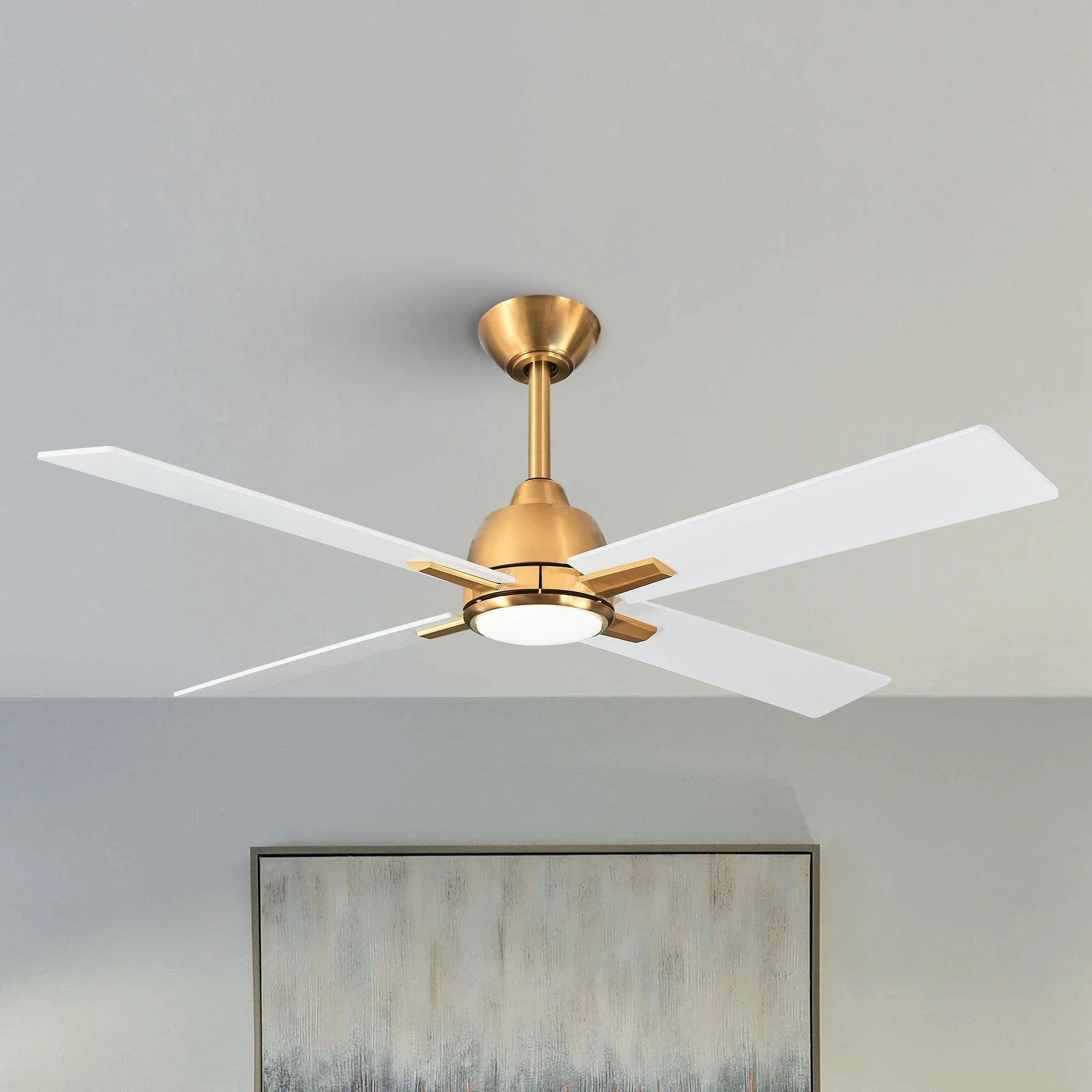 Golden ceiling fan with five white blades and round light cover