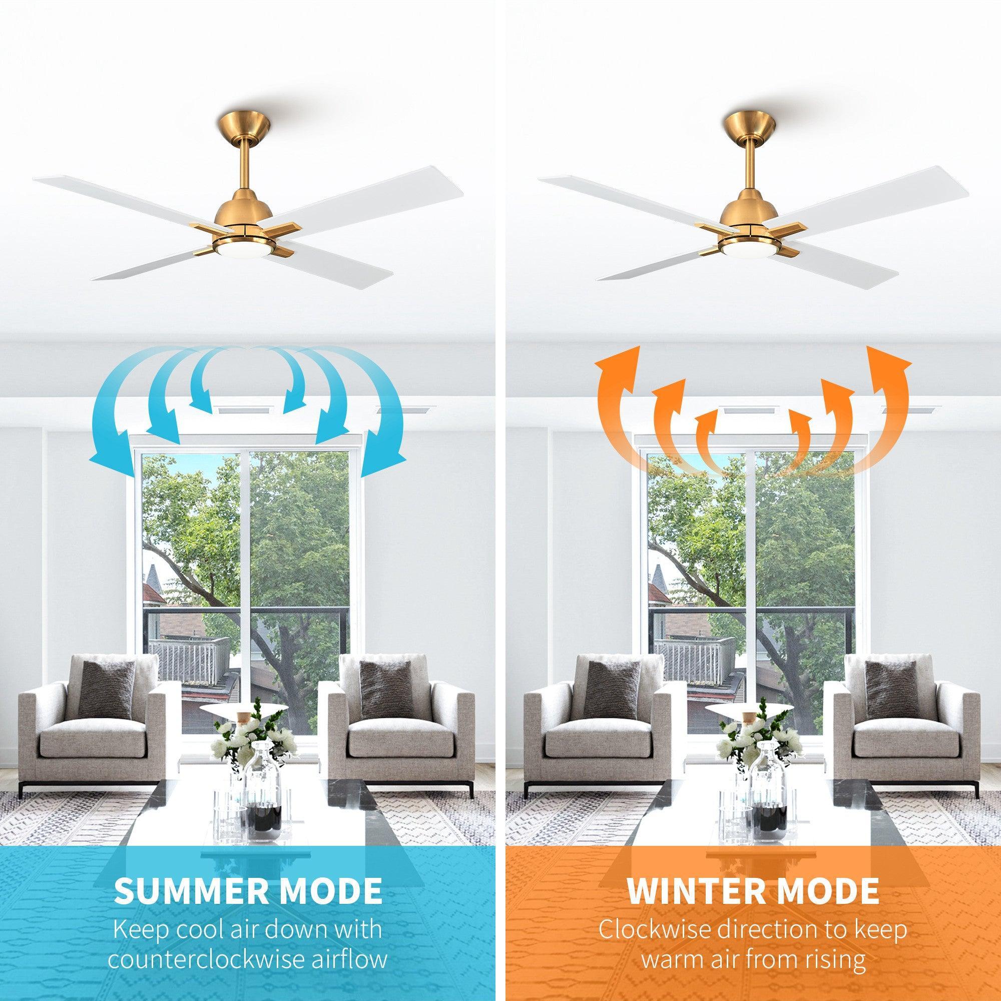 Golden ceiling fan with four white blades and integrated light kit