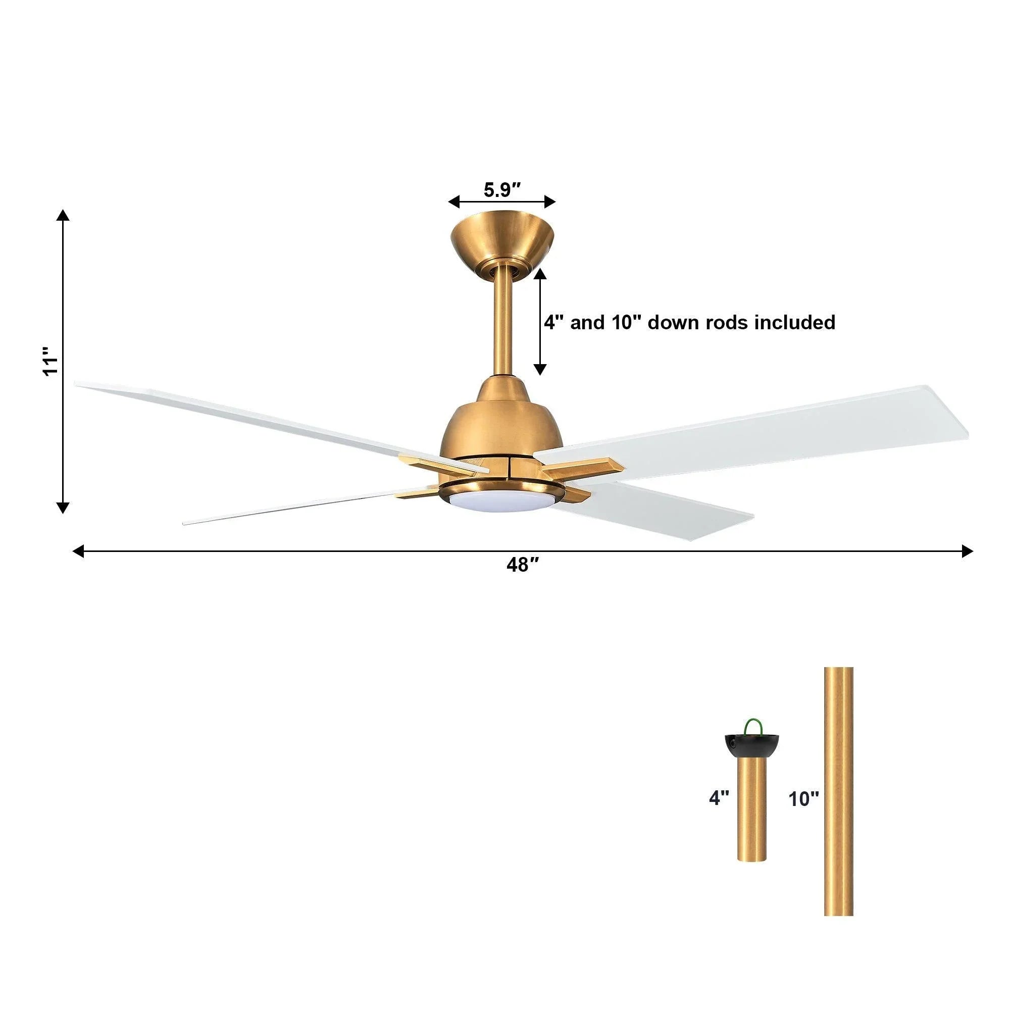Golden 48-inch ceiling fan diagram with downrod lengths and dimensions