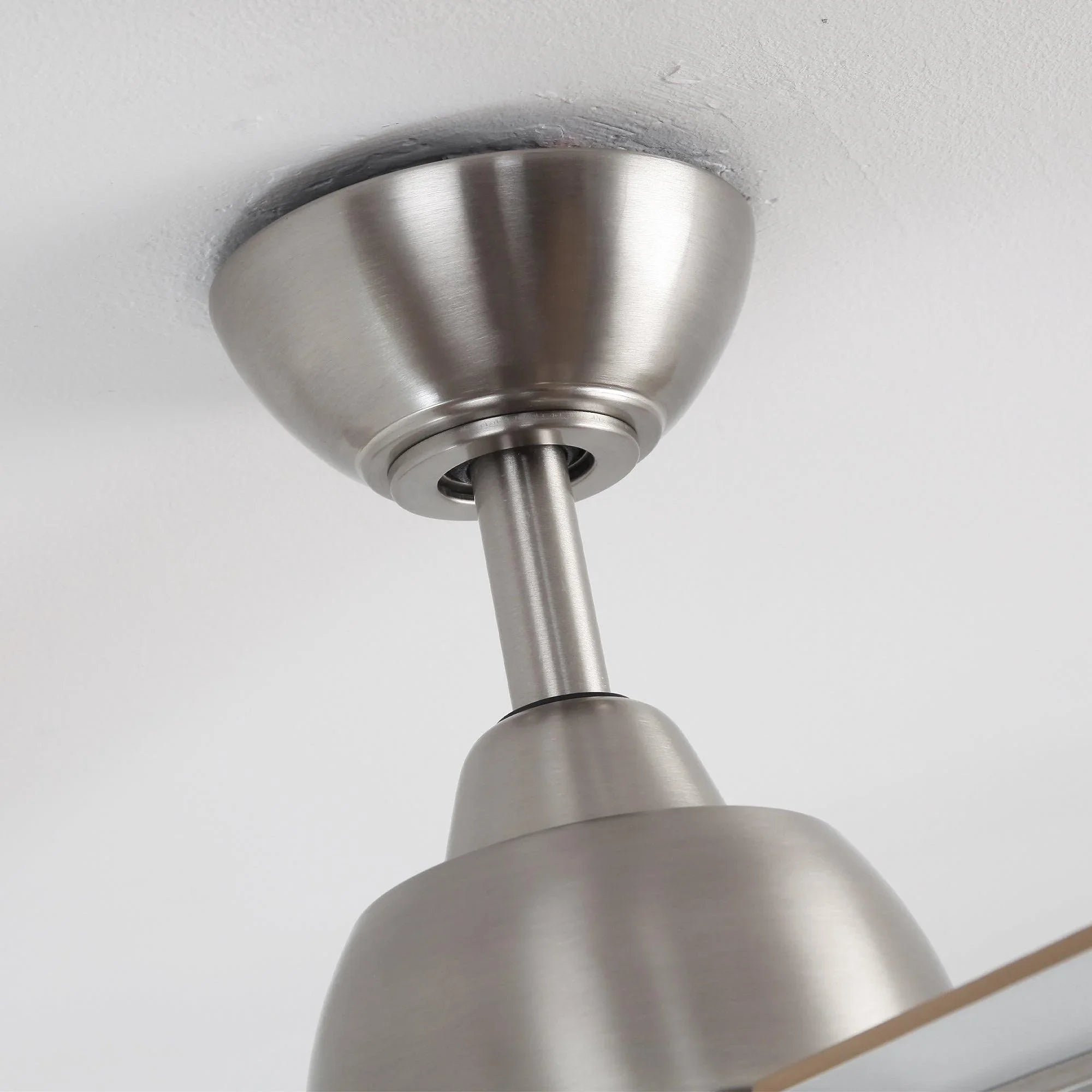 Satin nickel ceiling fan downrod and motor housing with ceiling mount