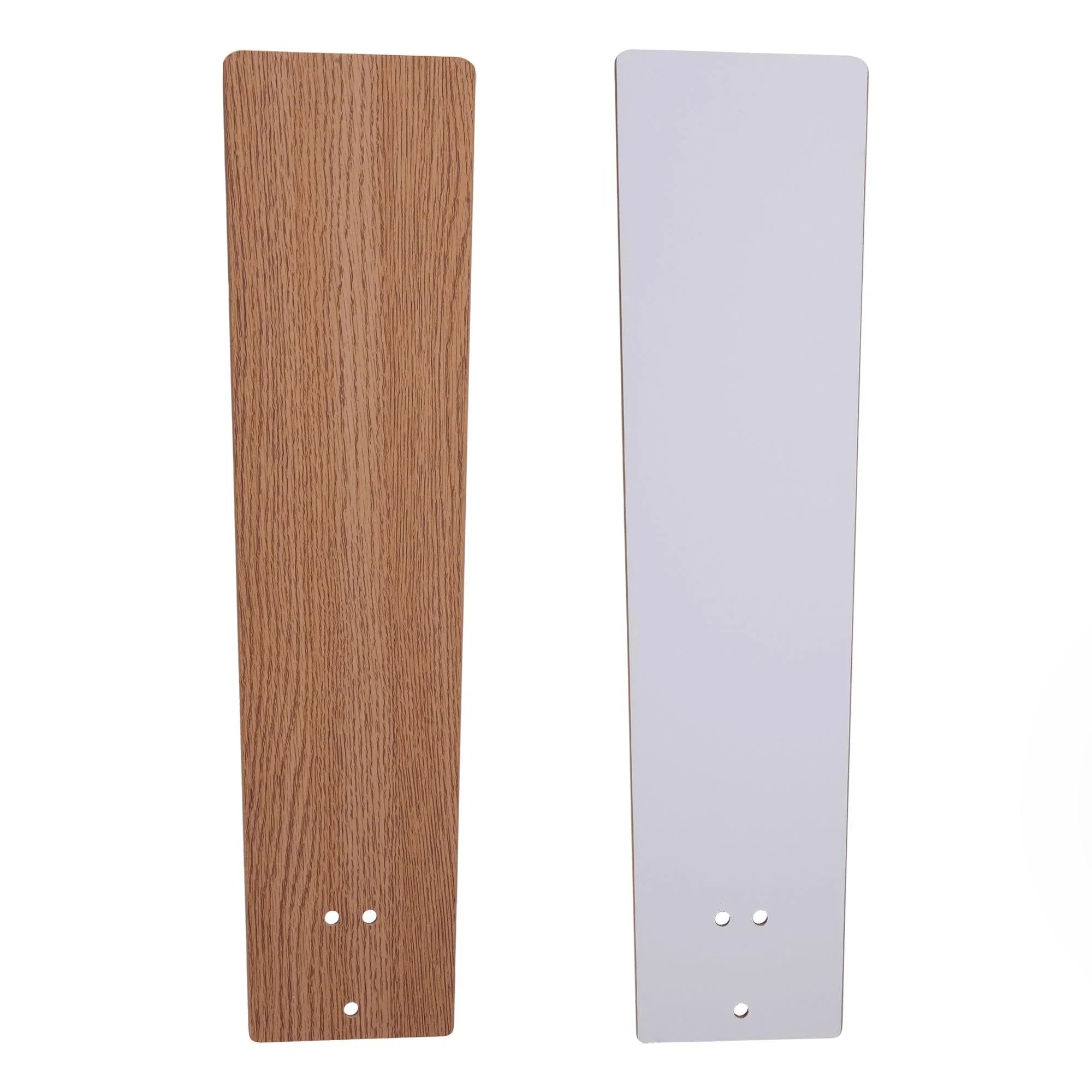Reversible ceiling fan blade finish panels in golden wood and satin nickel