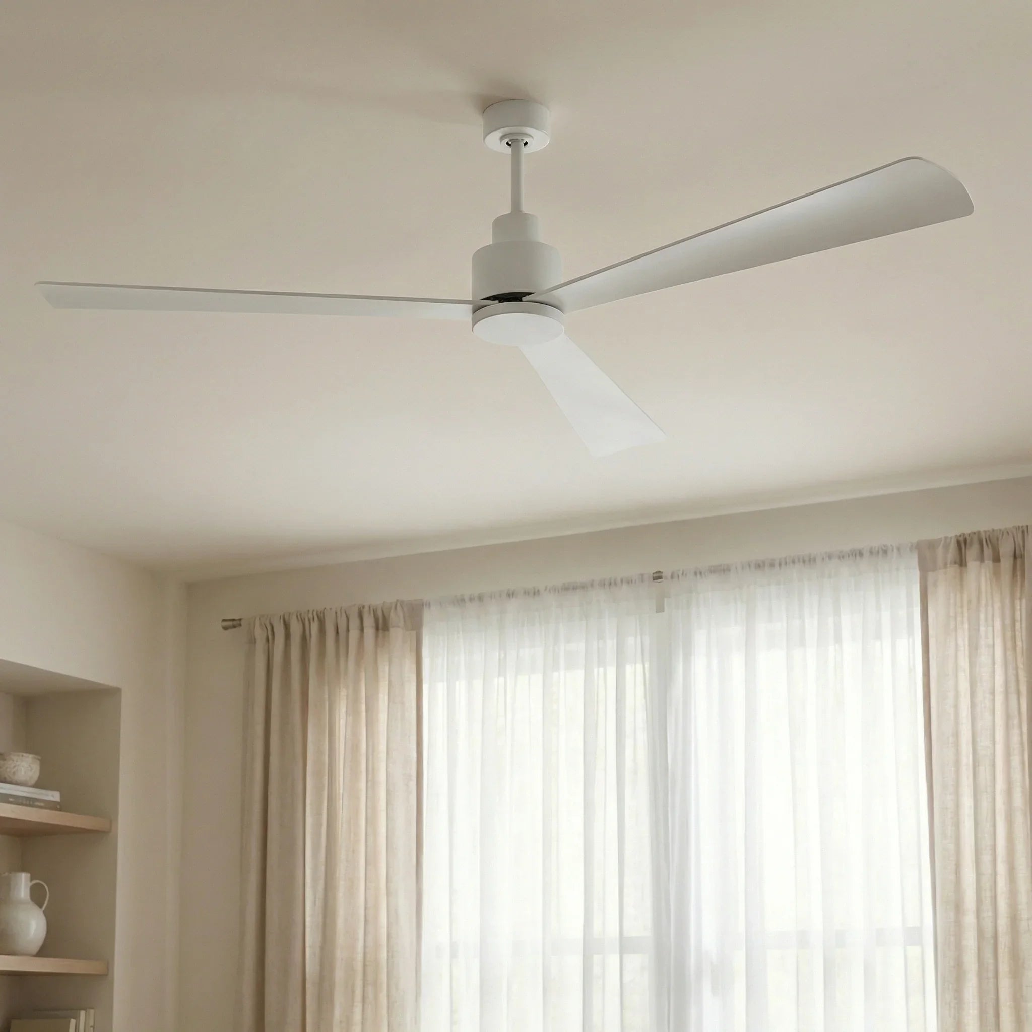 White industrial ceiling fan with five blades and downrod mount