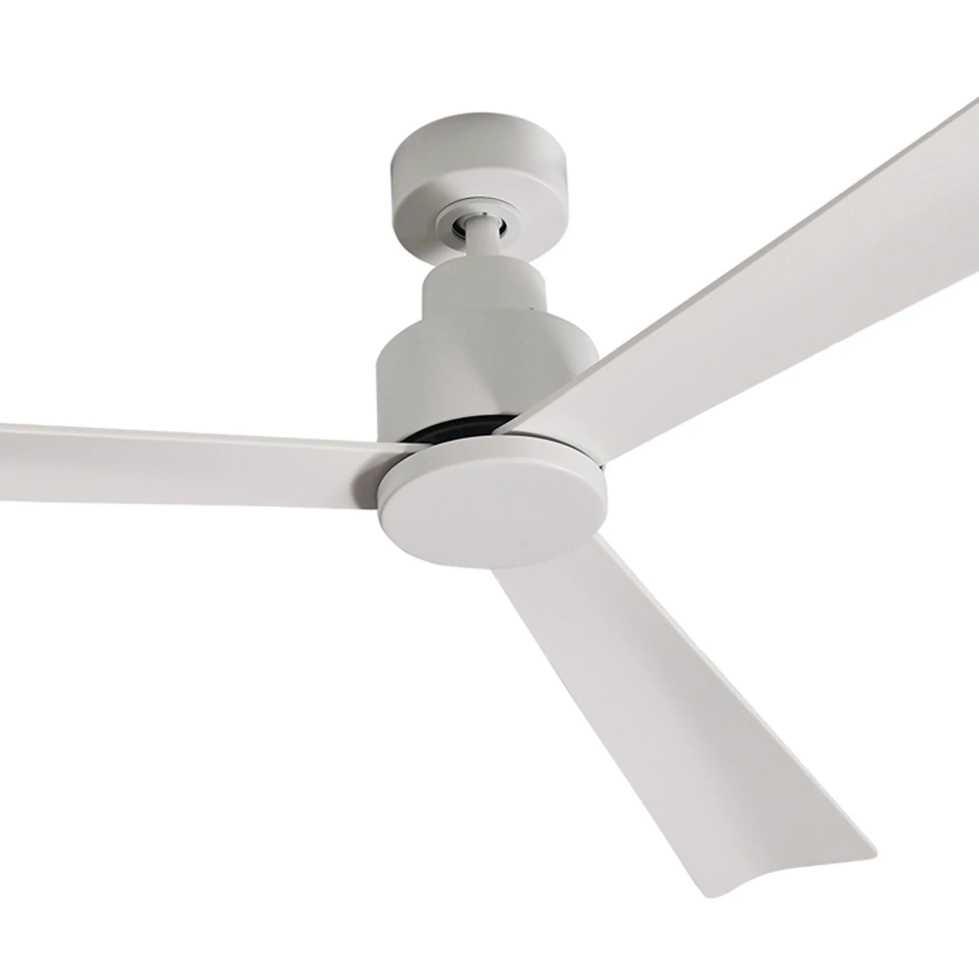 White industrial ceiling fan with five blades and centered mount, angled view
