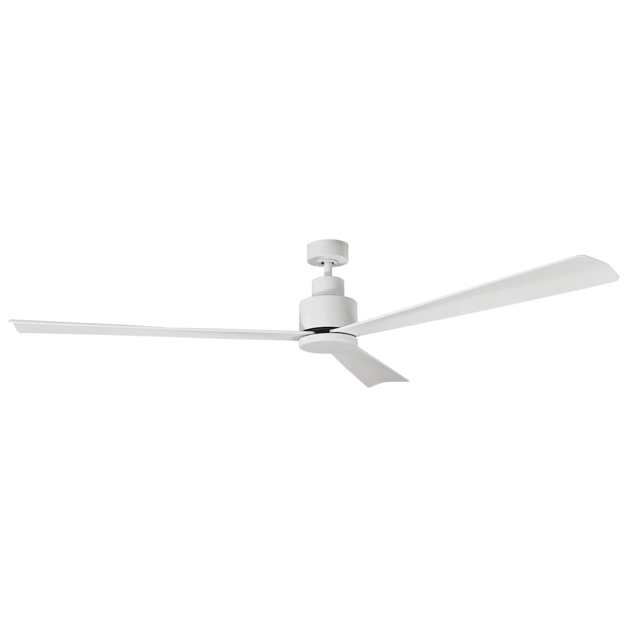 White industrial ceiling fan with five blades and central downrod mount