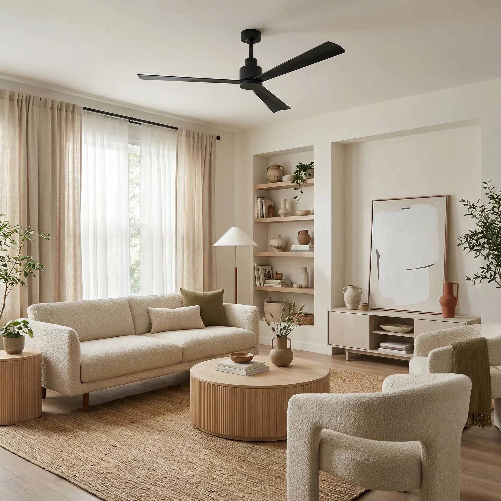 Black industrial ceiling fan with five blades and central motor housing