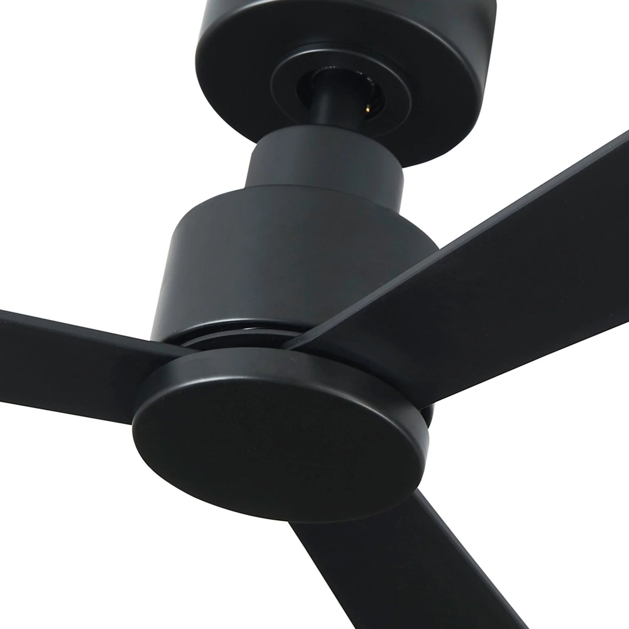 Black ceiling fan motor housing and mounting hub with bulb socket opening
