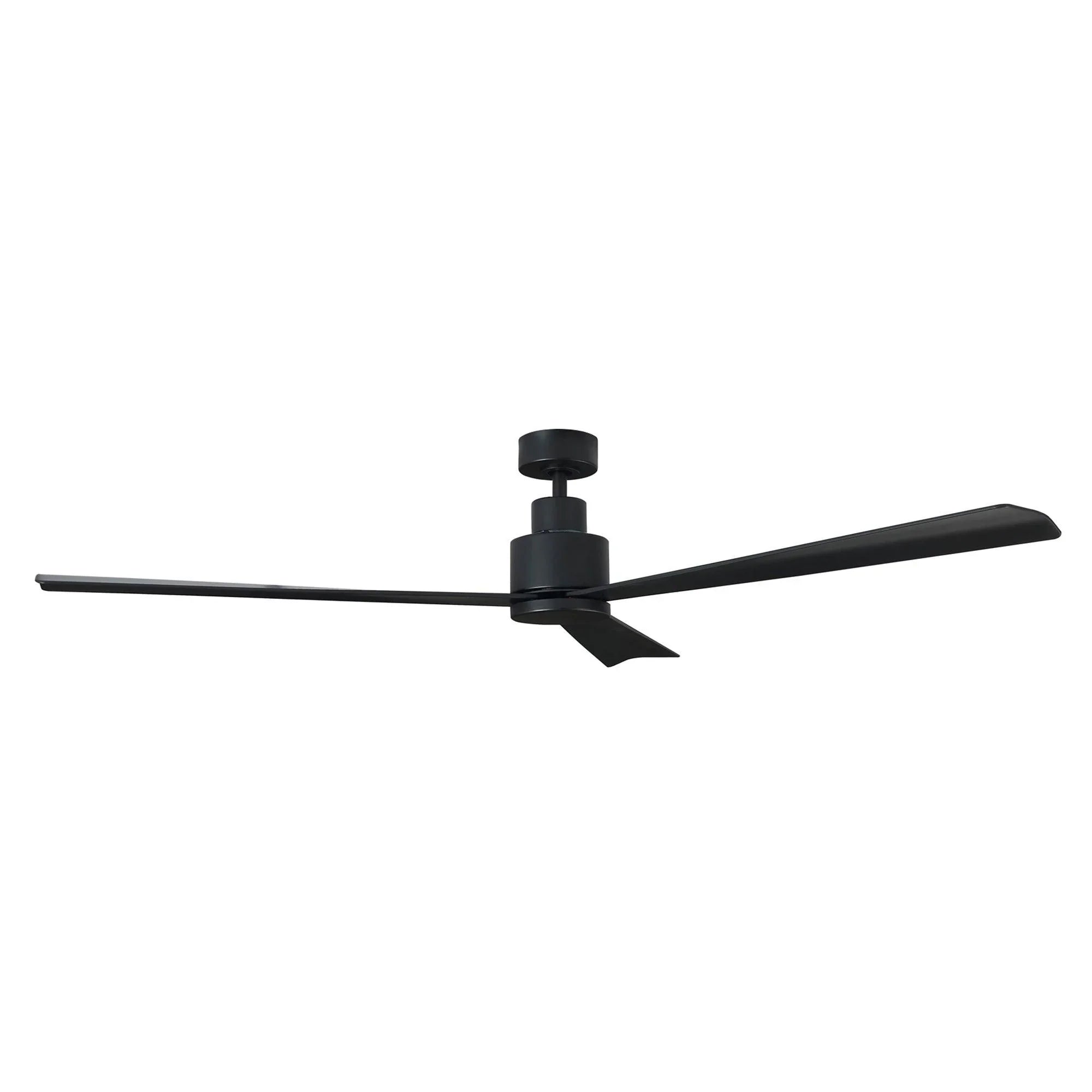 Black industrial ceiling fan with five blades and central downrod mount