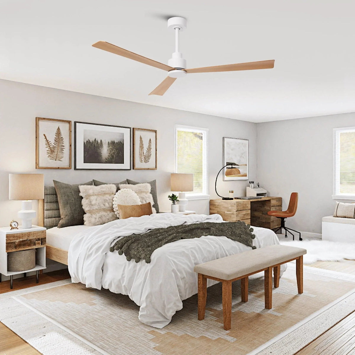 Ceiling fan with three light wood blades and white downrod mount