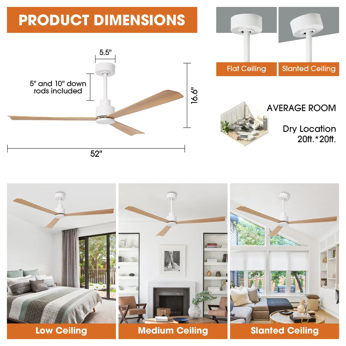 Parrot Uncle 52-Inch Esther 3-Blades Modern Downrod Mount Ceiling Fan with Remote Control