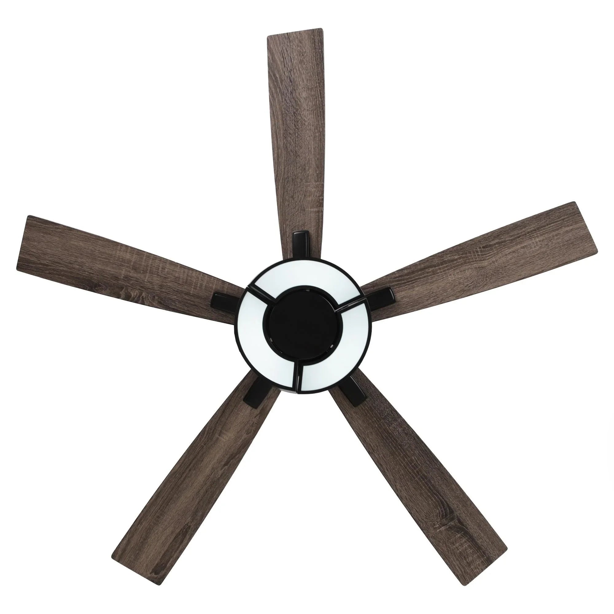 Black ceiling fan with dark wood blades and circular center light housing