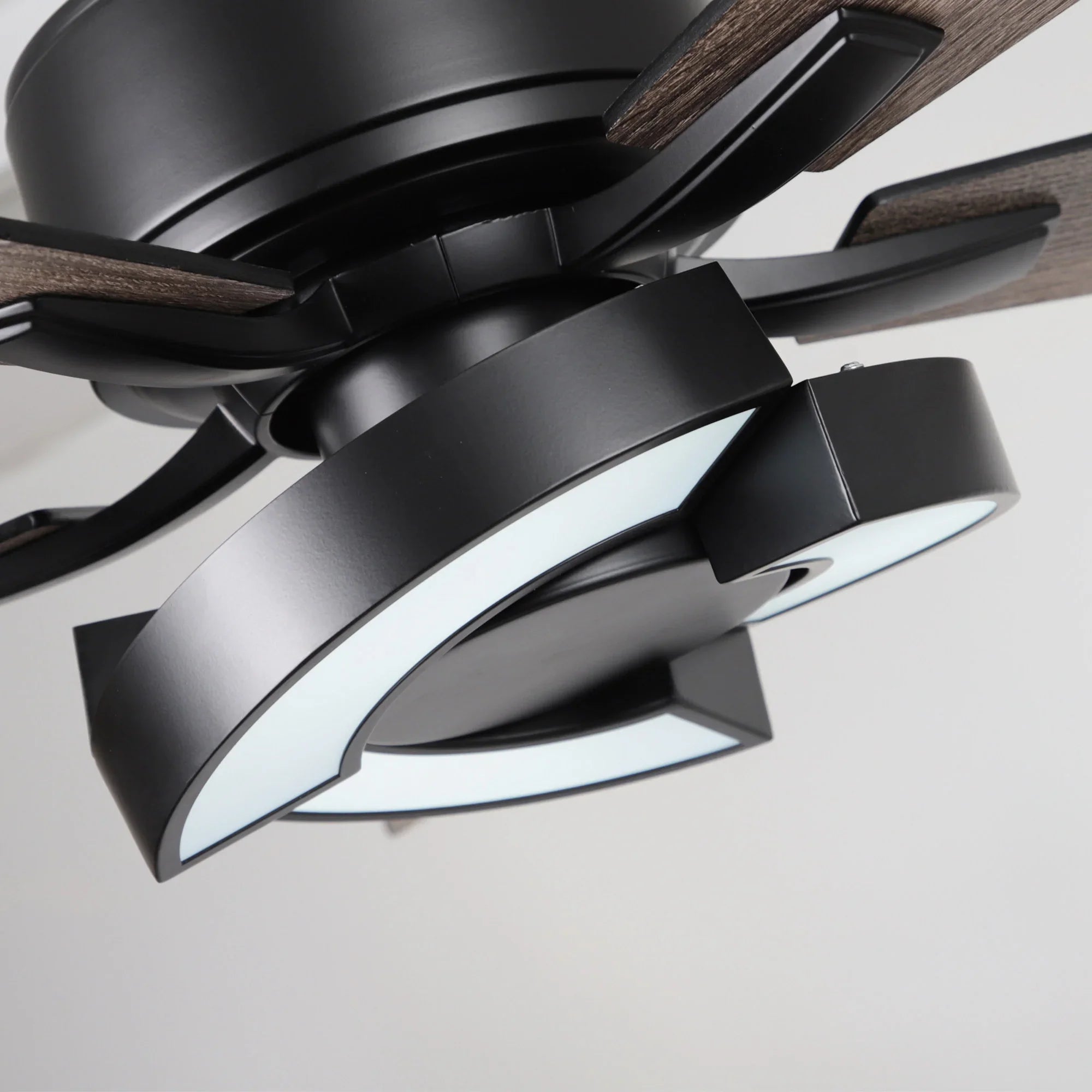 Black ceiling fan close-up with ring LED light and curved blade design