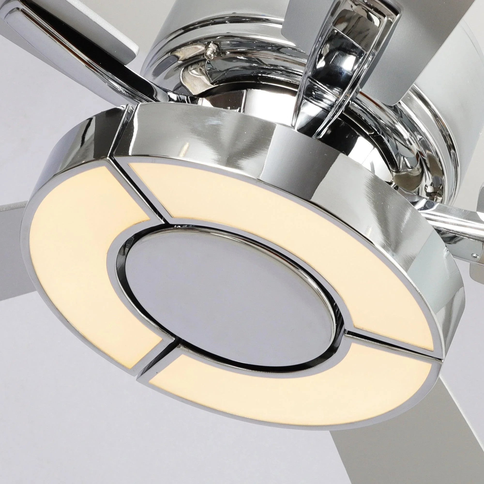Industrial ceiling fan light kit with chrome trim and frosted glass lens