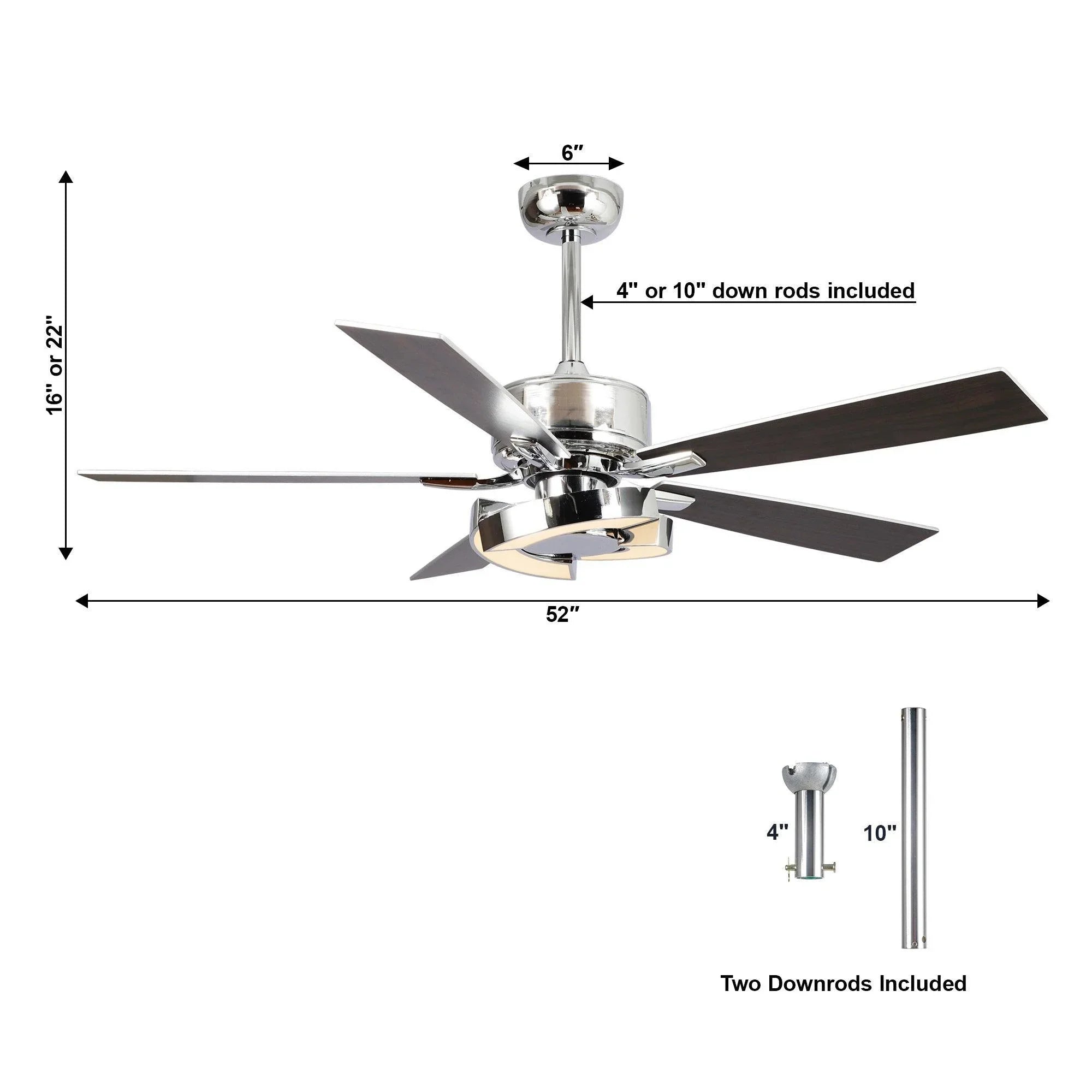 Industrial ceiling fan showing 52-in blade span and included downrods