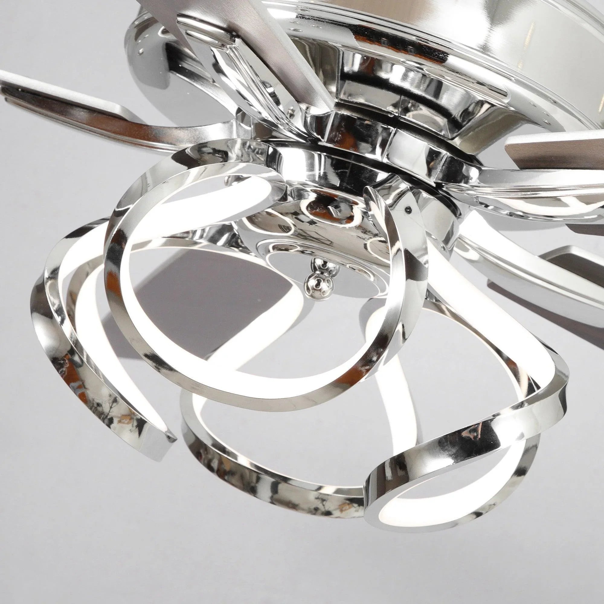 Parrot Uncle chrome ceiling fan light fixture with glass shade and decorative ring.
