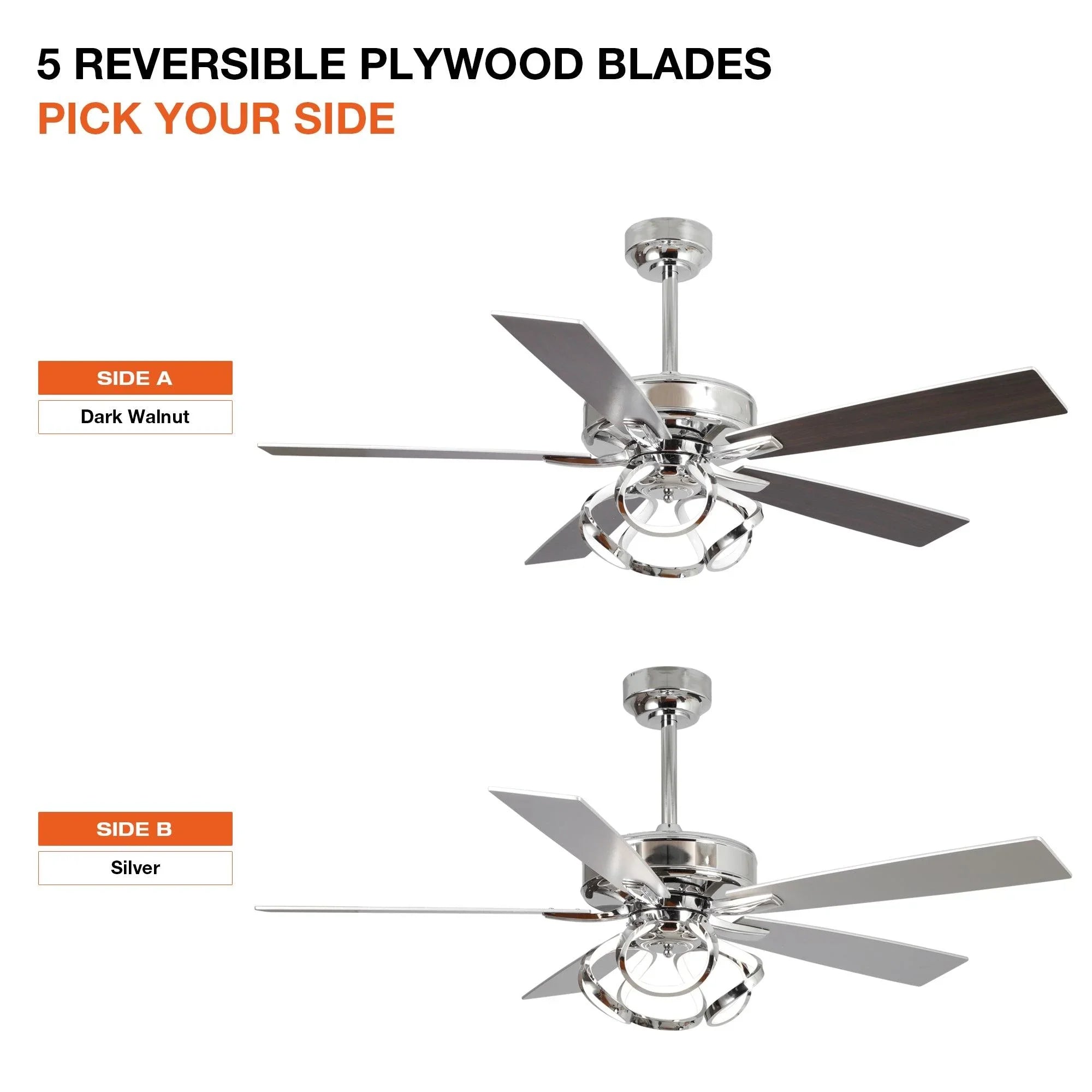 Chrome ceiling fan with reversible plywood blades: dark walnut and silver sides