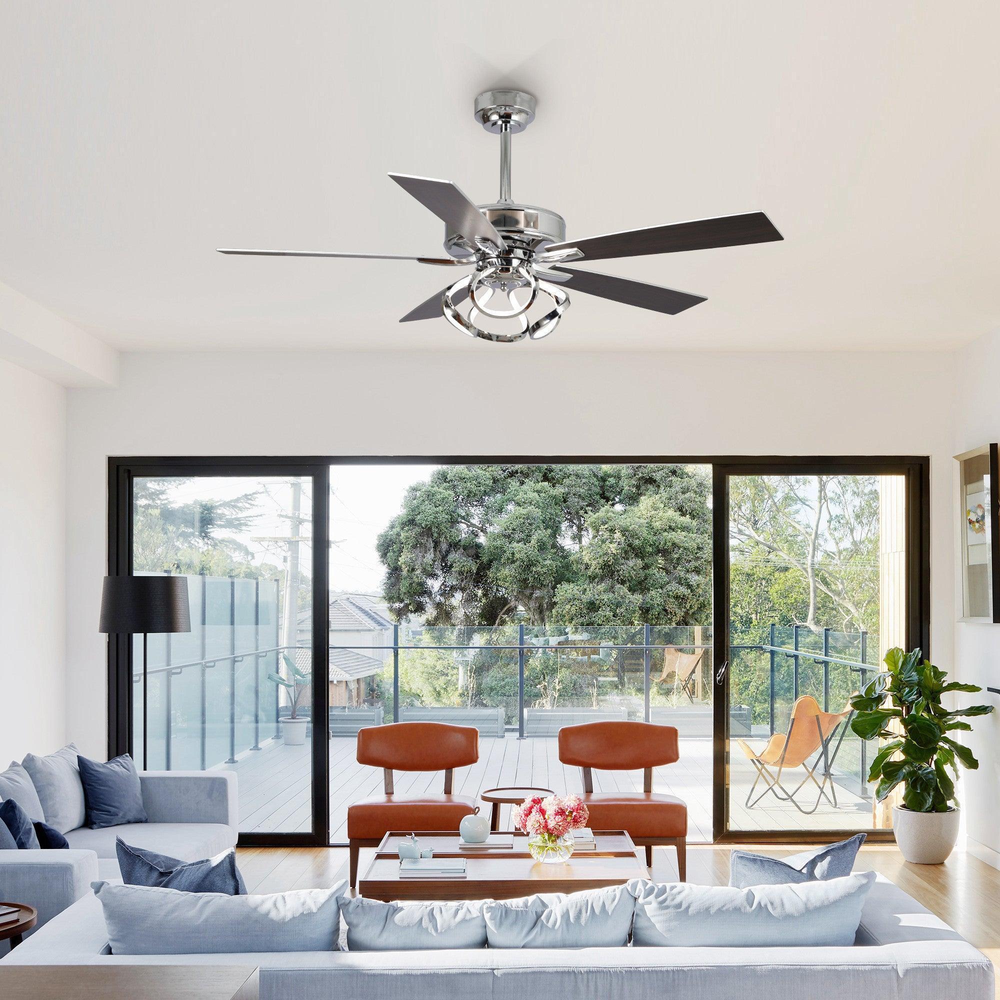 Parrot Uncle chrome ceiling fan with downrod mount, light kit, and reversible blades.