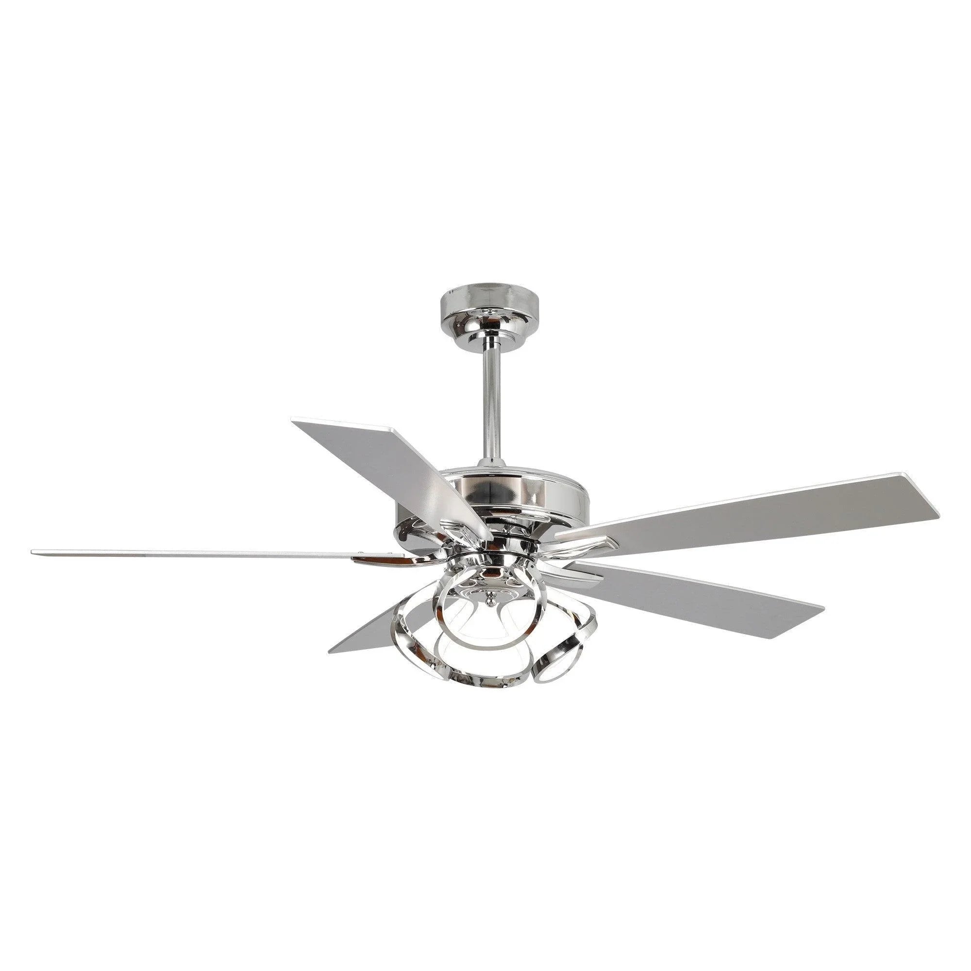 Parrot Uncle 52-inch chrome ceiling fan with light kit and five reversible blades.