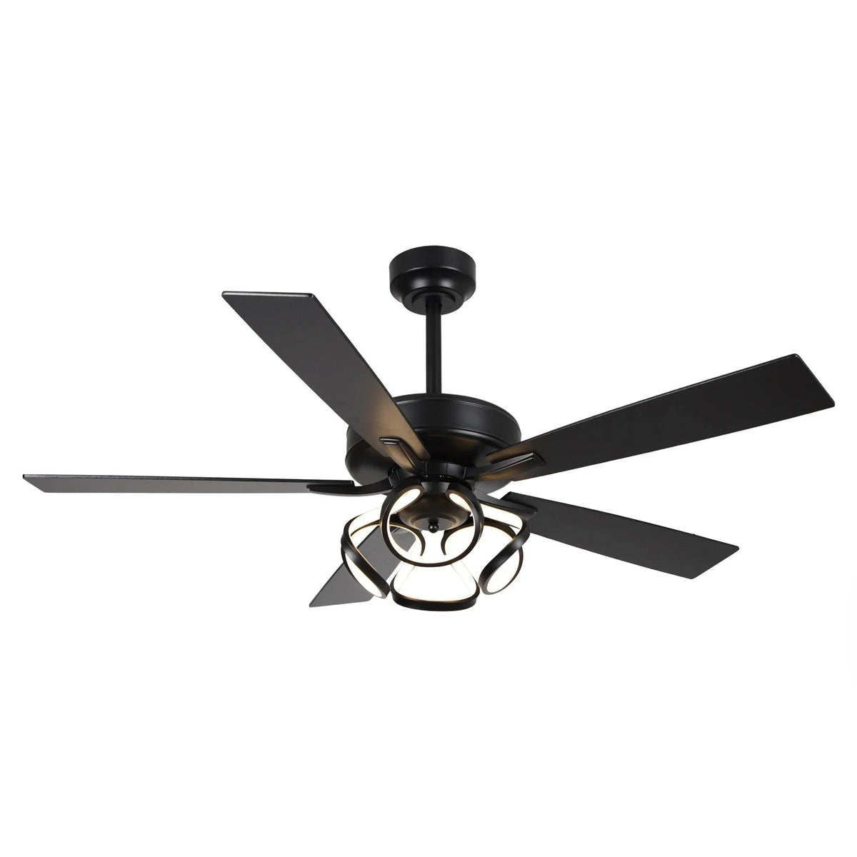 Black ceiling fan with 5 dark blades and integrated glass globe light fixture