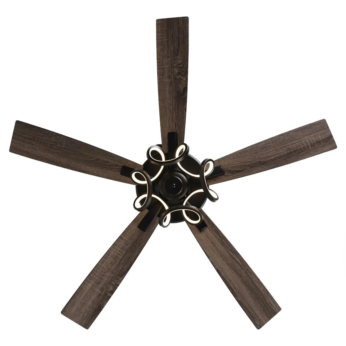 Black ceiling fan with dark wood 5 blades and integrated round light fixture