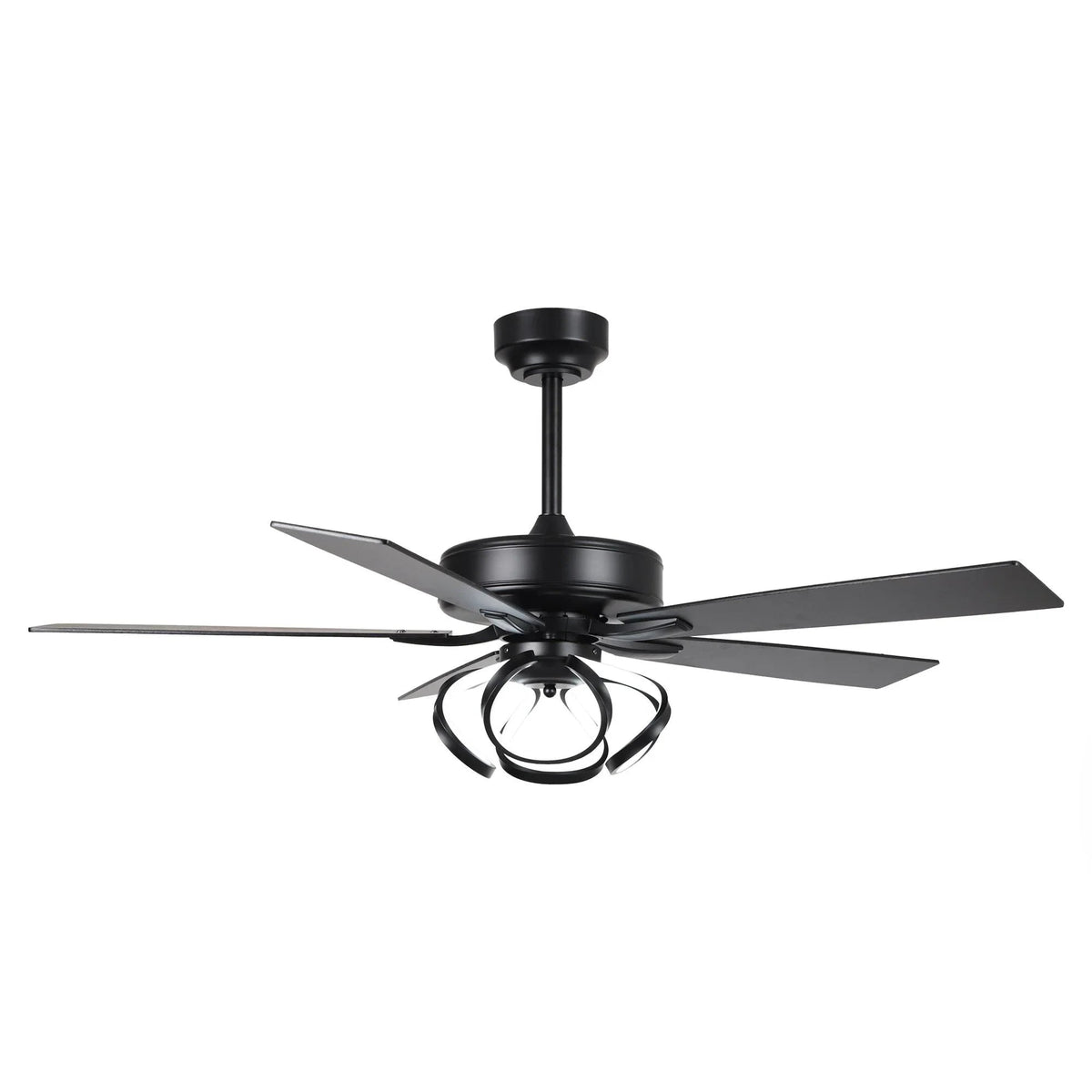 Black ceiling fan with 5 blades and round integrated light fixture