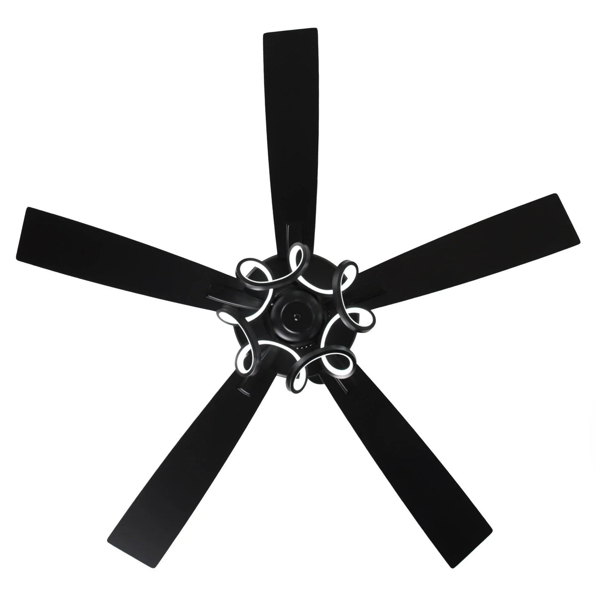 Black ceiling fan with 5 dark blades and central light housing