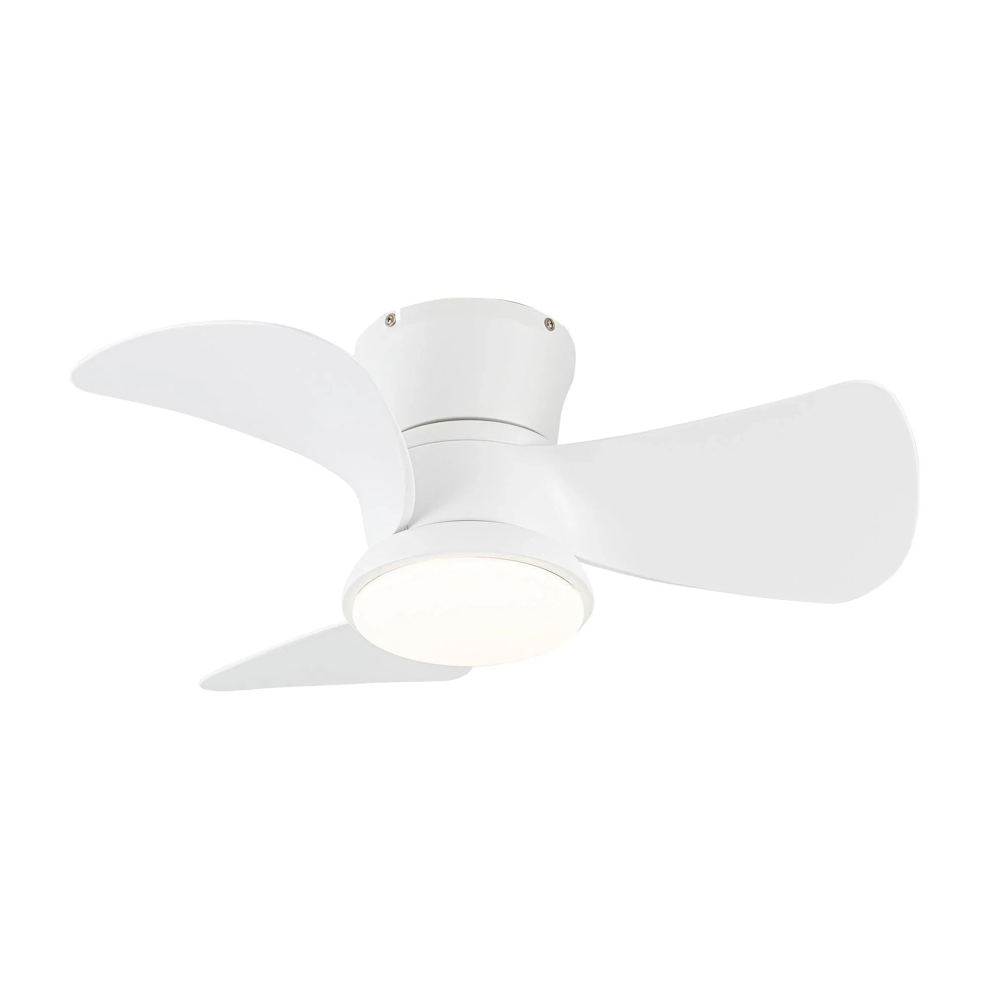 White flush-mount ceiling fan with three wide blades and integrated light fixture.