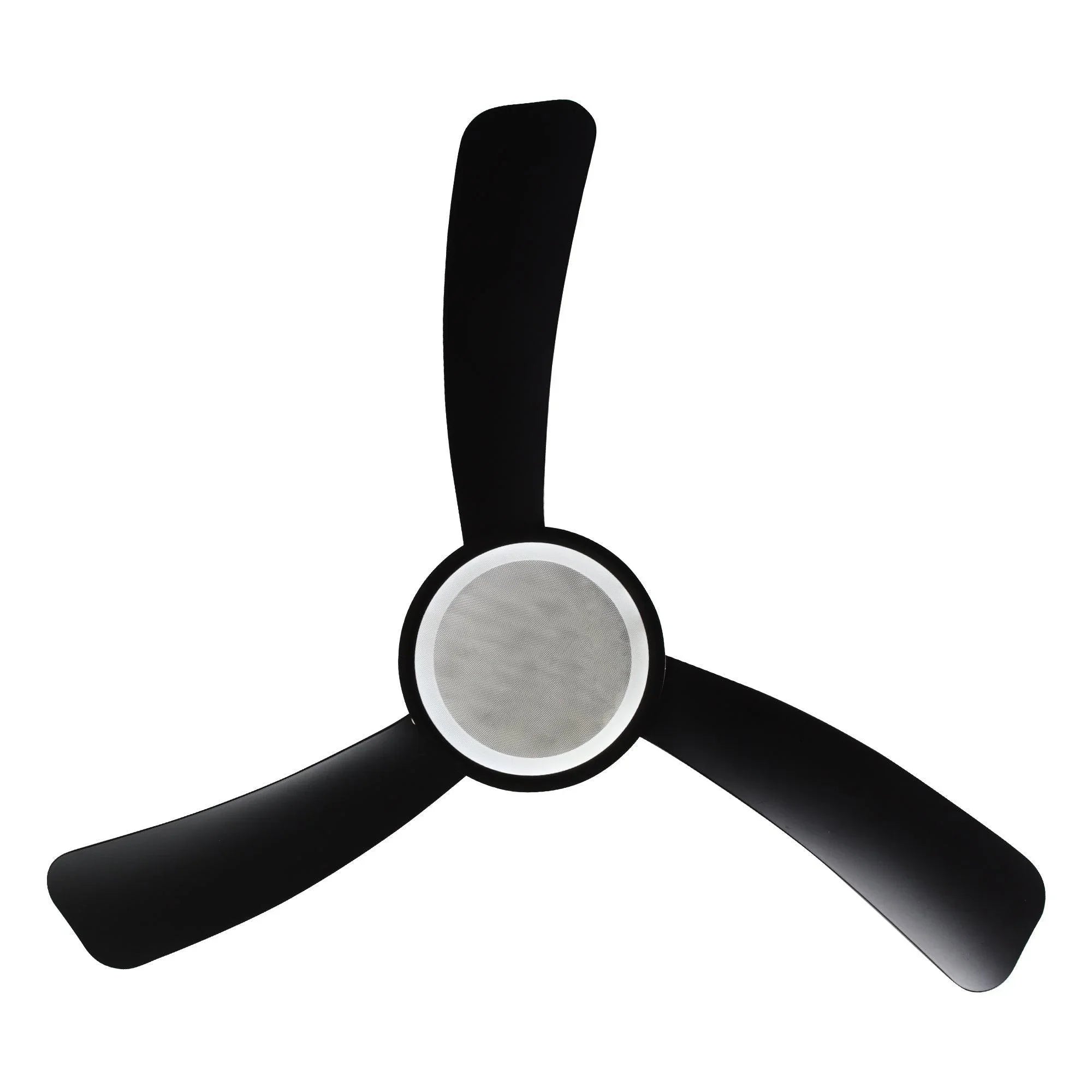 Black ceiling fan with three blades and central frosted light kit.