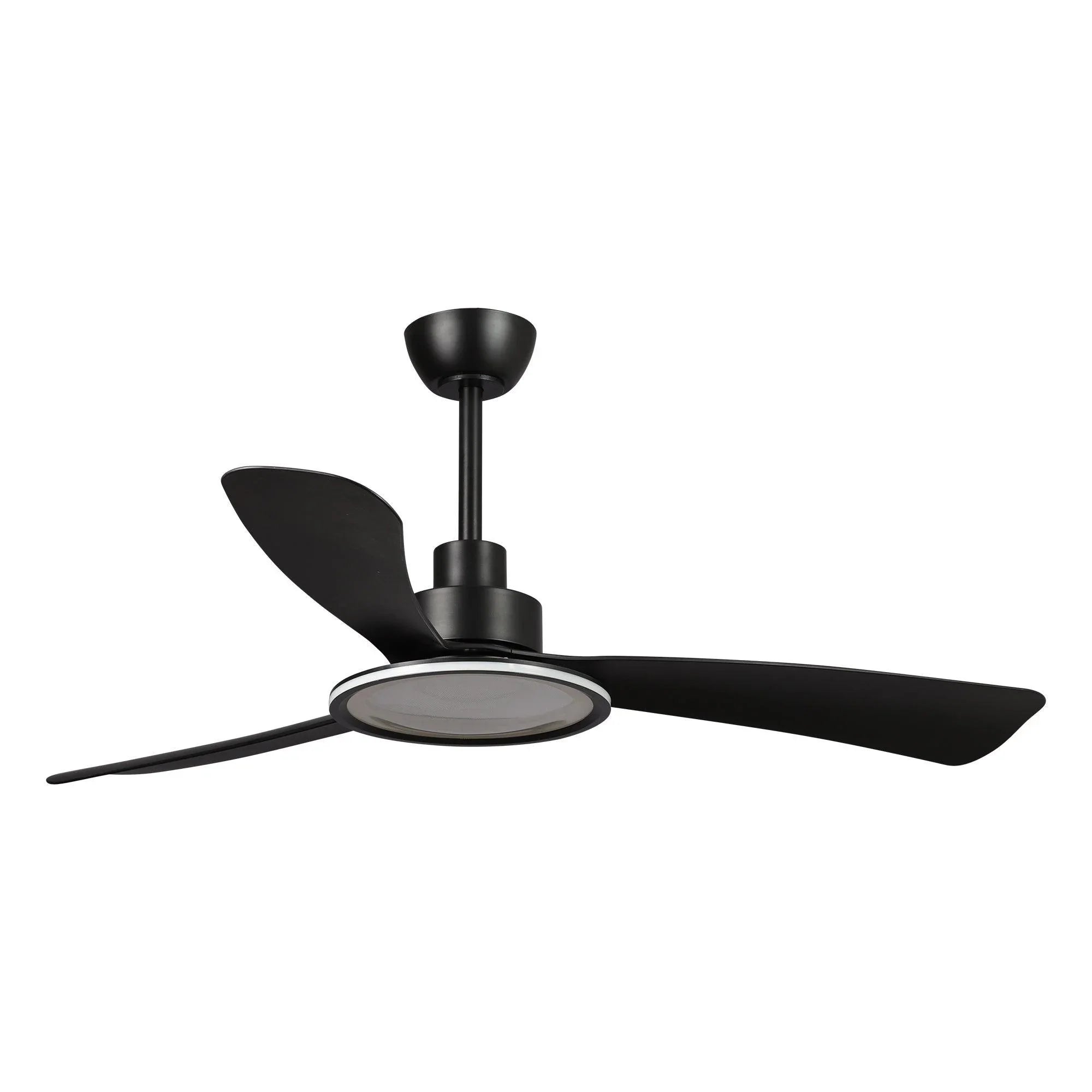 Black ceiling fan with closed light cover and three dark blades