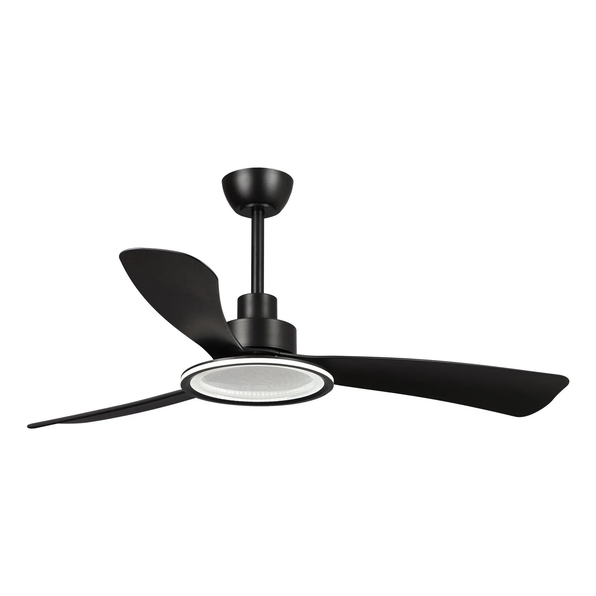 Black ceiling fan with frosted light cover and three dark blades