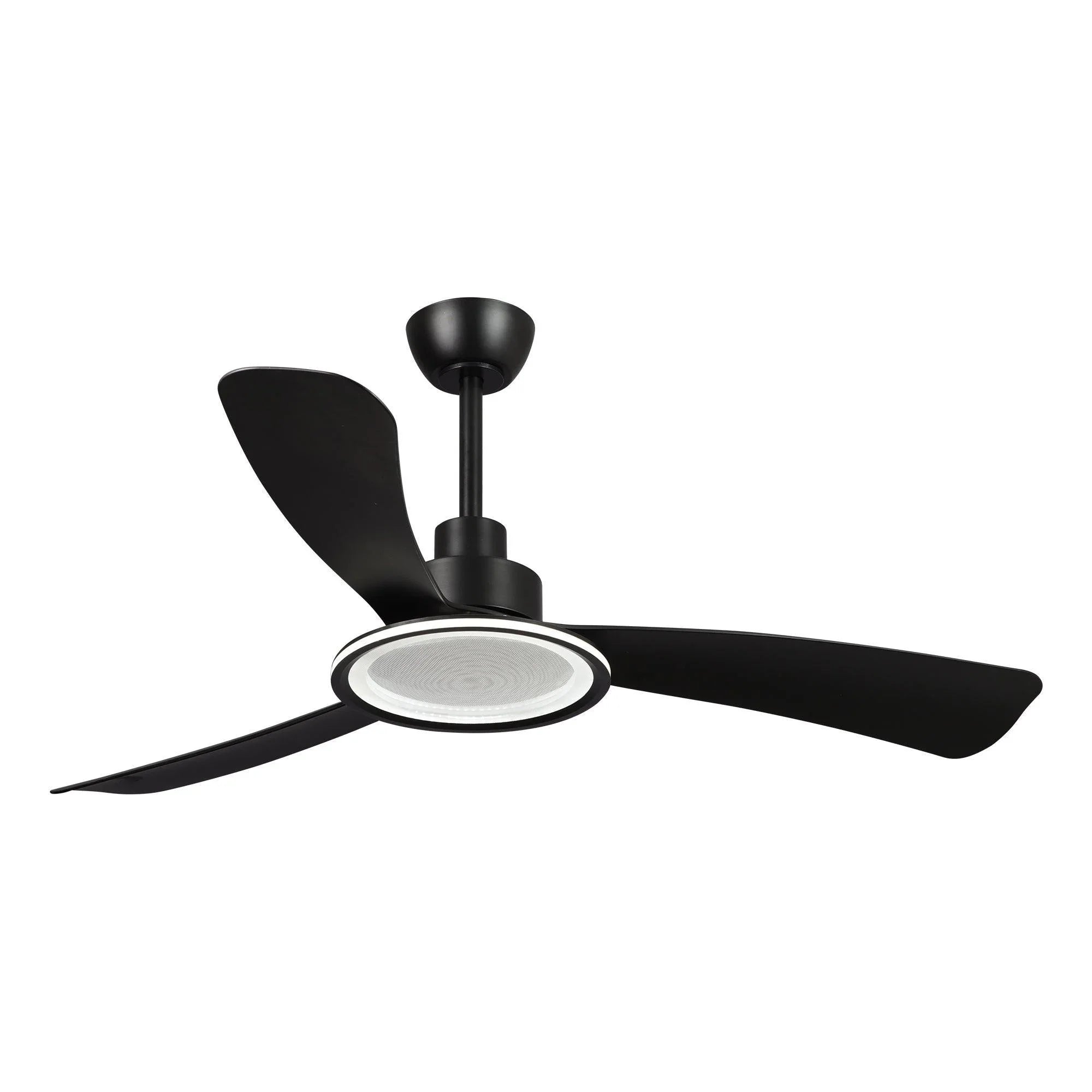 Black ceiling fan with frosted light cover and three dark blades