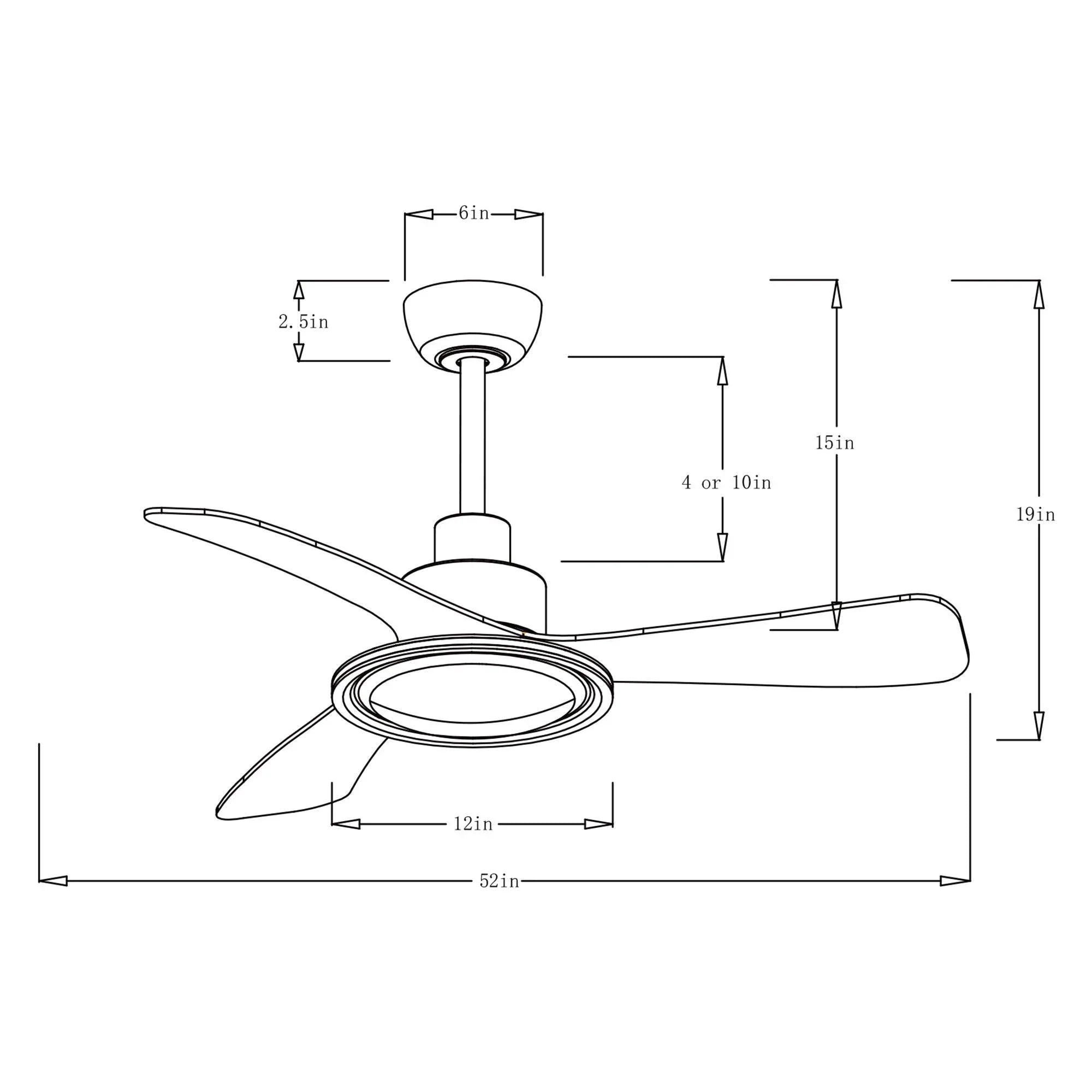 Black ceiling fan dimensions diagram, showing blade span and light position.