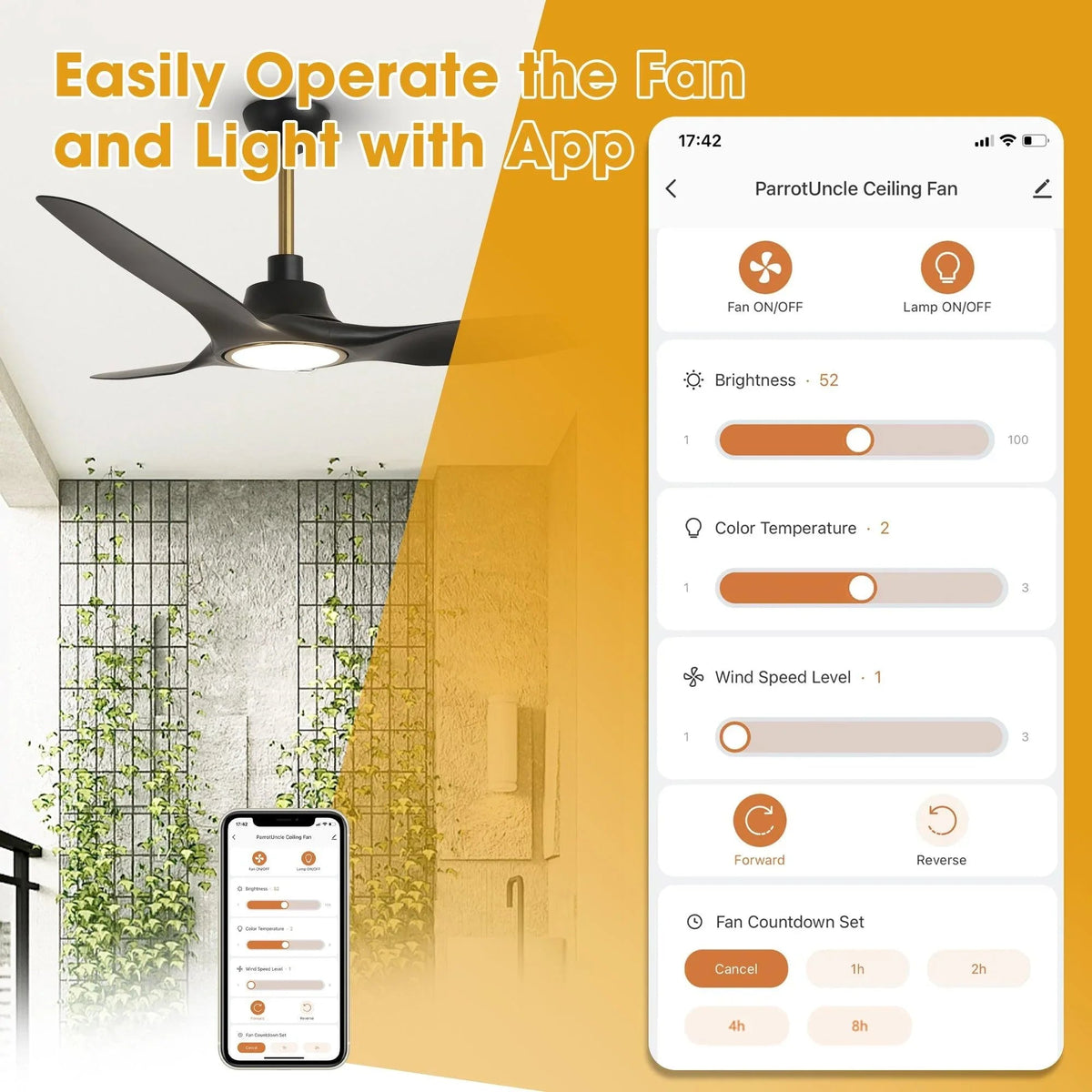 Black smart ceiling fan with LED light, 3 blades and app control screen