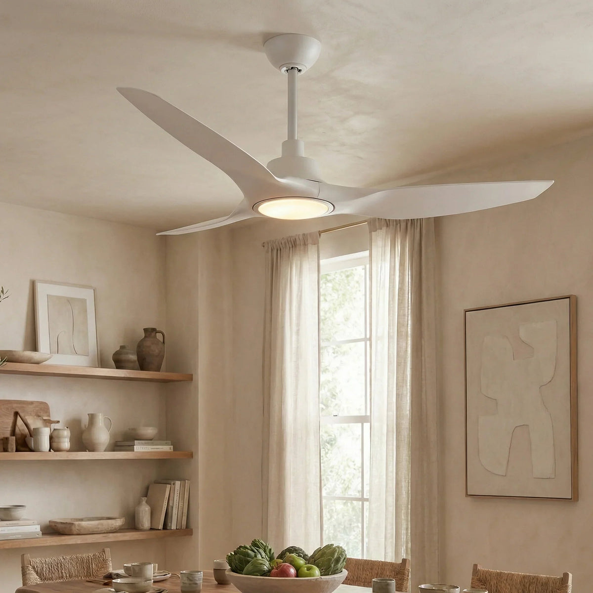 White ceiling fan with LED light above dining area