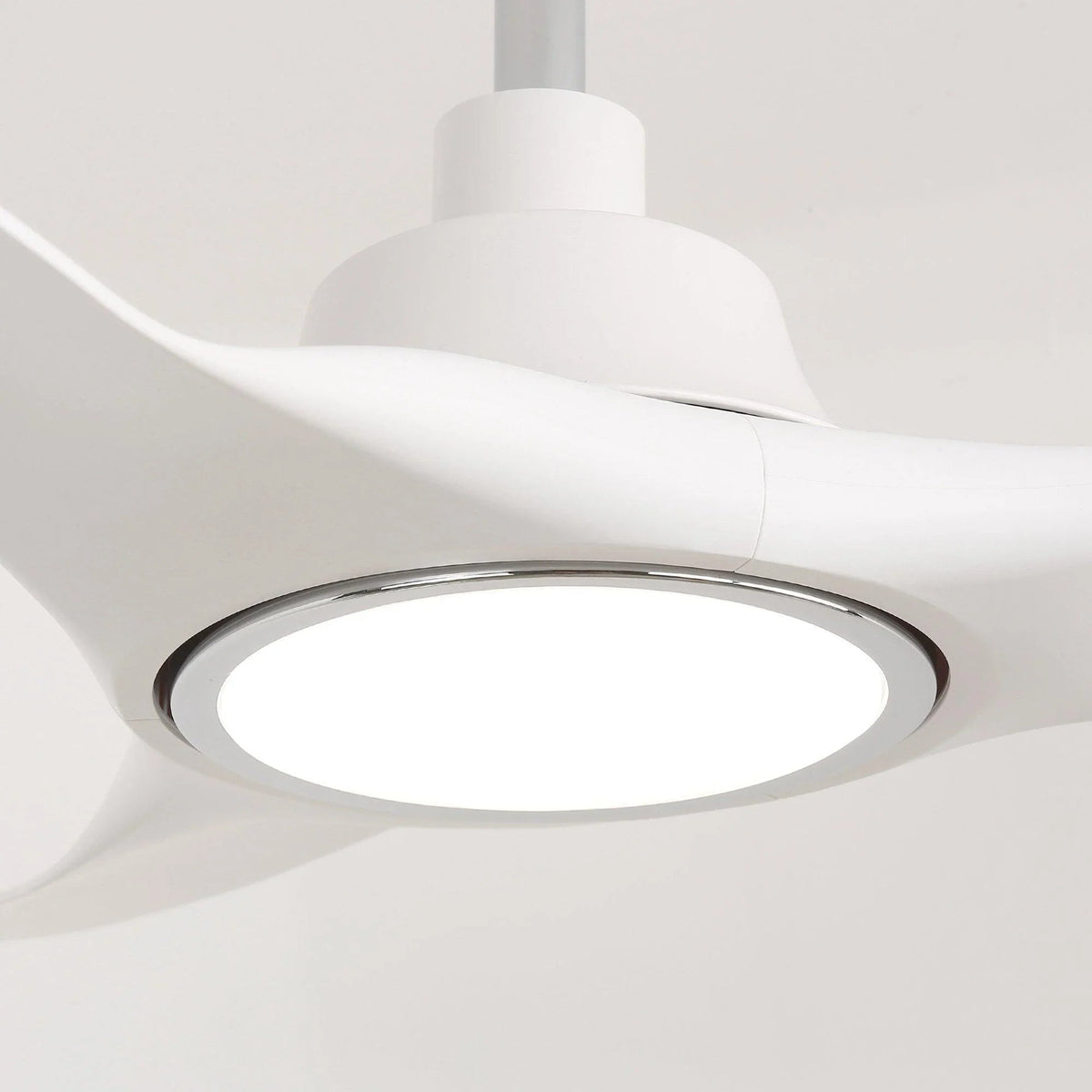 White ceiling fan LED light fixture with glowing circular ring
