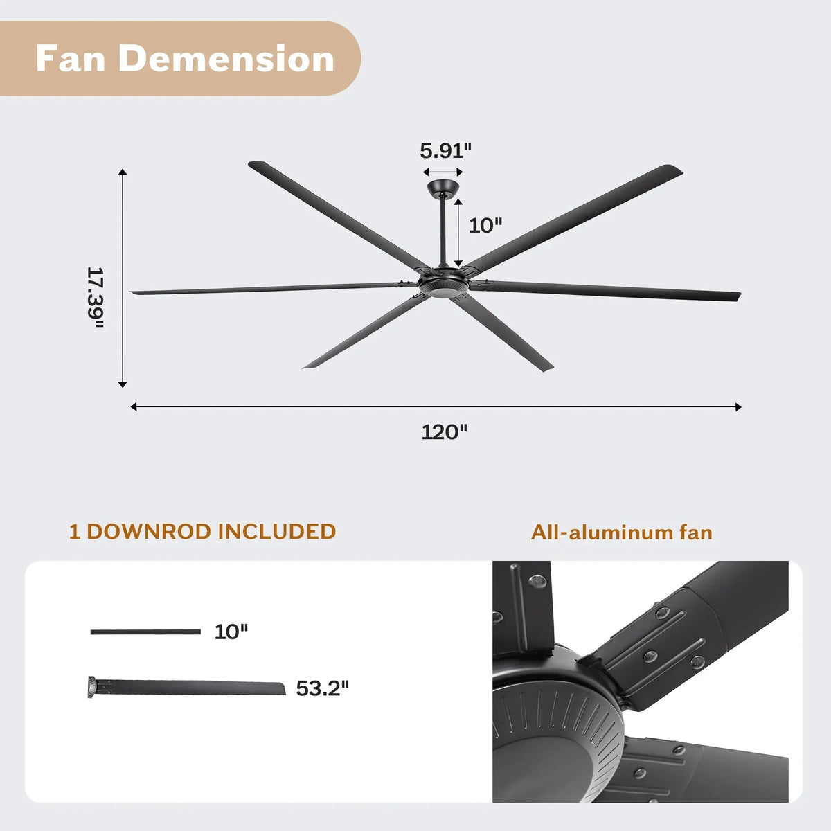 120-inch black HVLS ceiling fan with five blades and downrod (illustration)