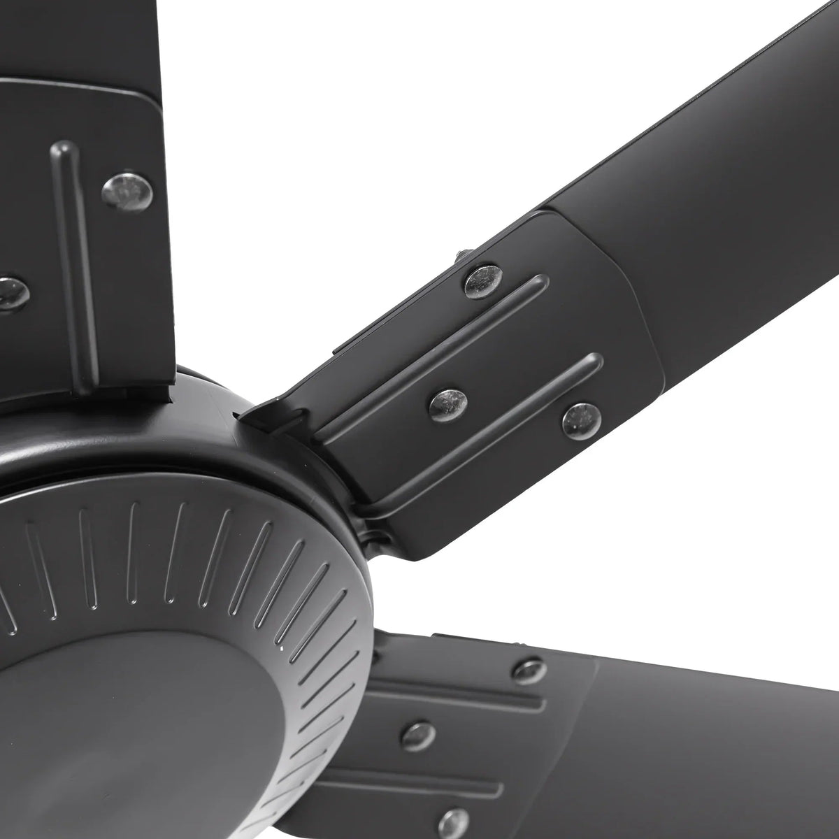 Black HVLS fan motor housing and blade arm hardware close-up