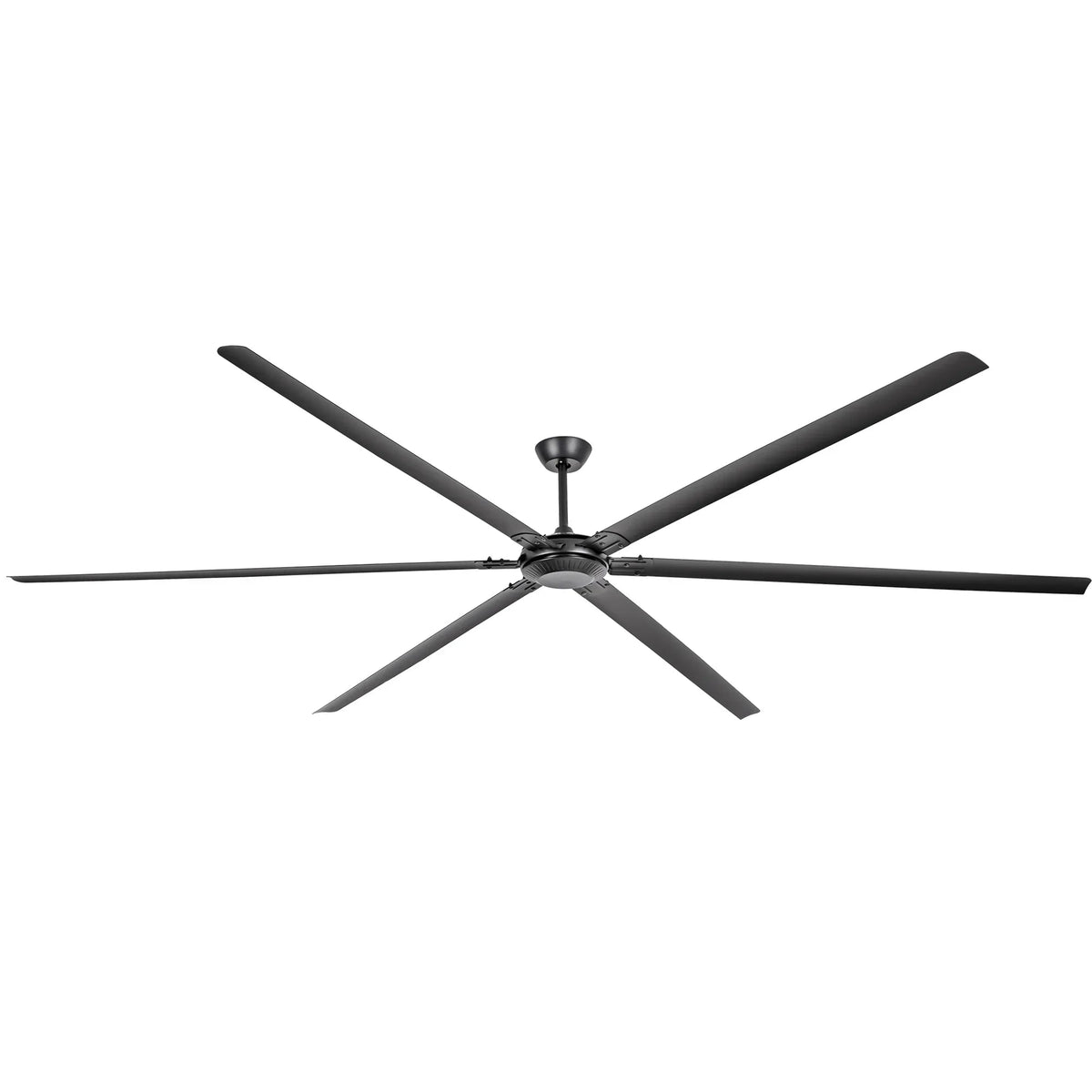 Black 120-inch HVLS ceiling fan with five long blades and mounting canopy