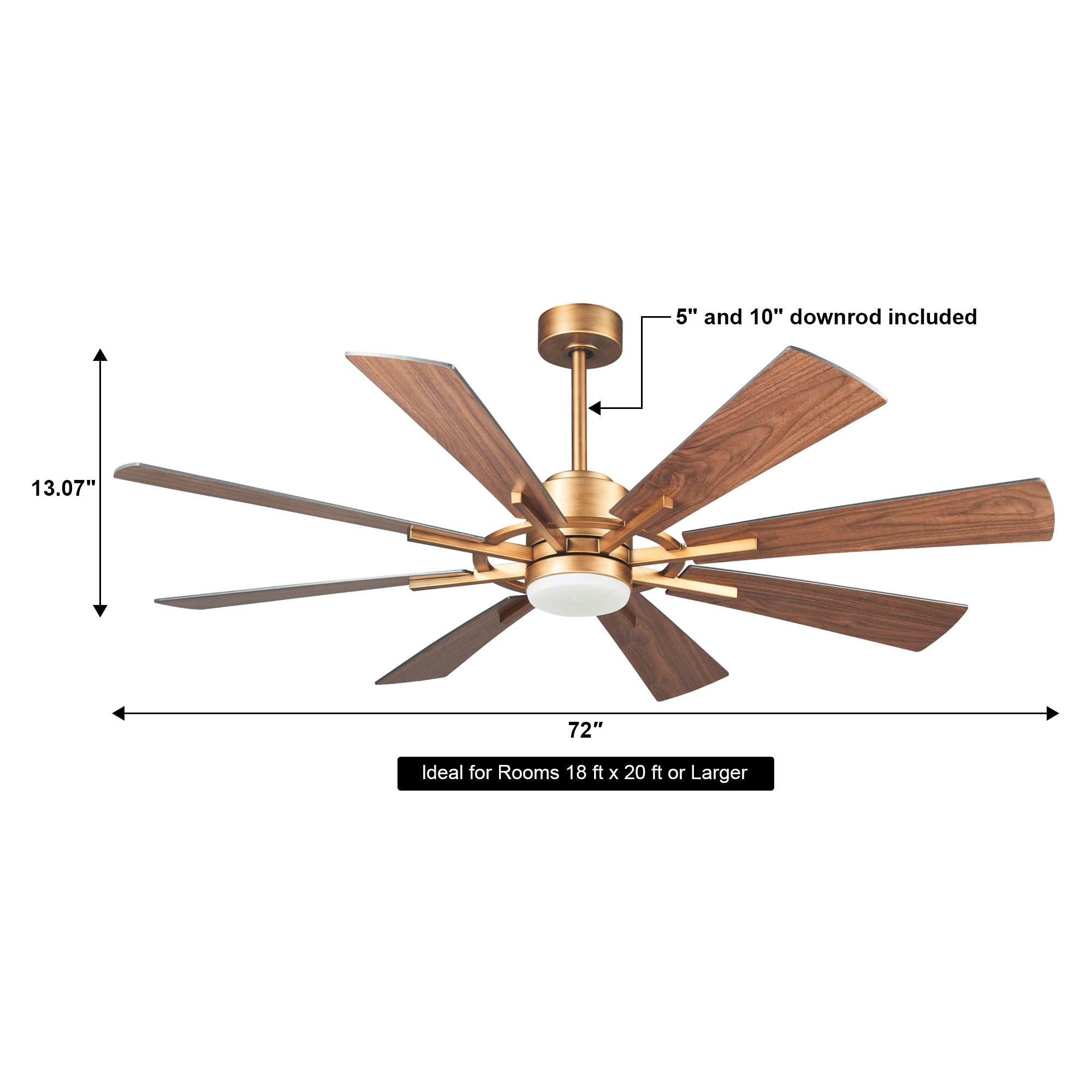 60-inch ceiling fan with warm bronze blades; size diagram with downrod points